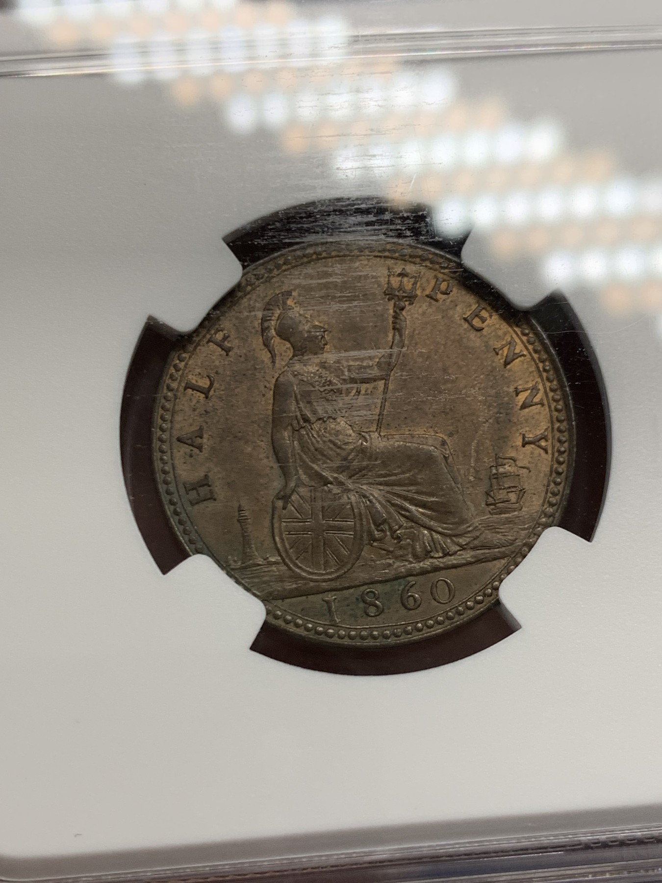 《竞宝斋》第243场-周日，周一 新年开场 (全场包邮) NGC MS63BN 1860年英国早期维多利亚半便士铜币 NGC标注成了1便士 极少见的首年份珠纹边版本 铜光明显细节完整不输RB