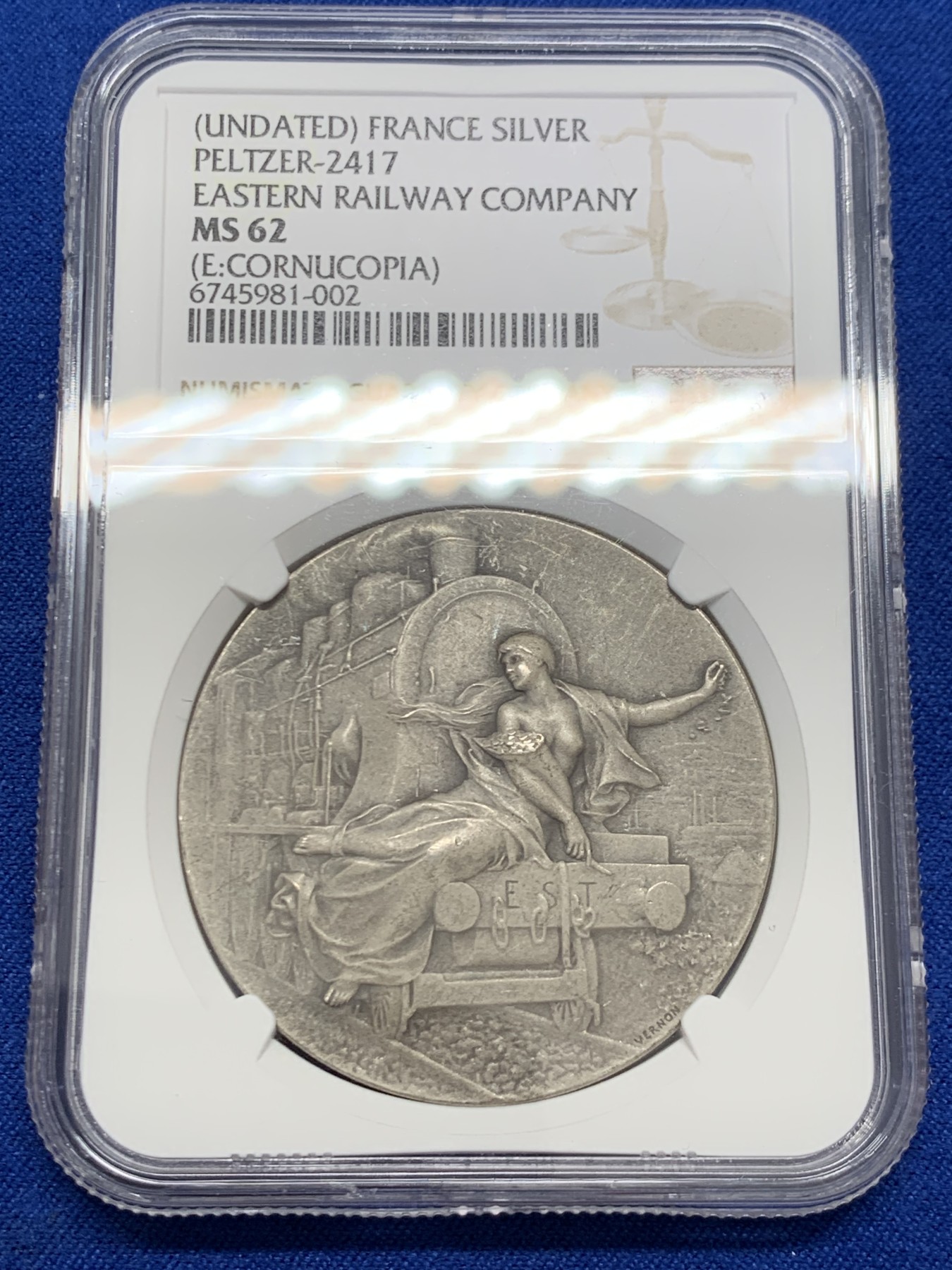 《竞宝斋》第243场-周日，周一 新年开场 (全场包邮) NGC MS62 法国东部铁路公司 清凉美女机车银章 经典图案 背面是滚滚火车景色图