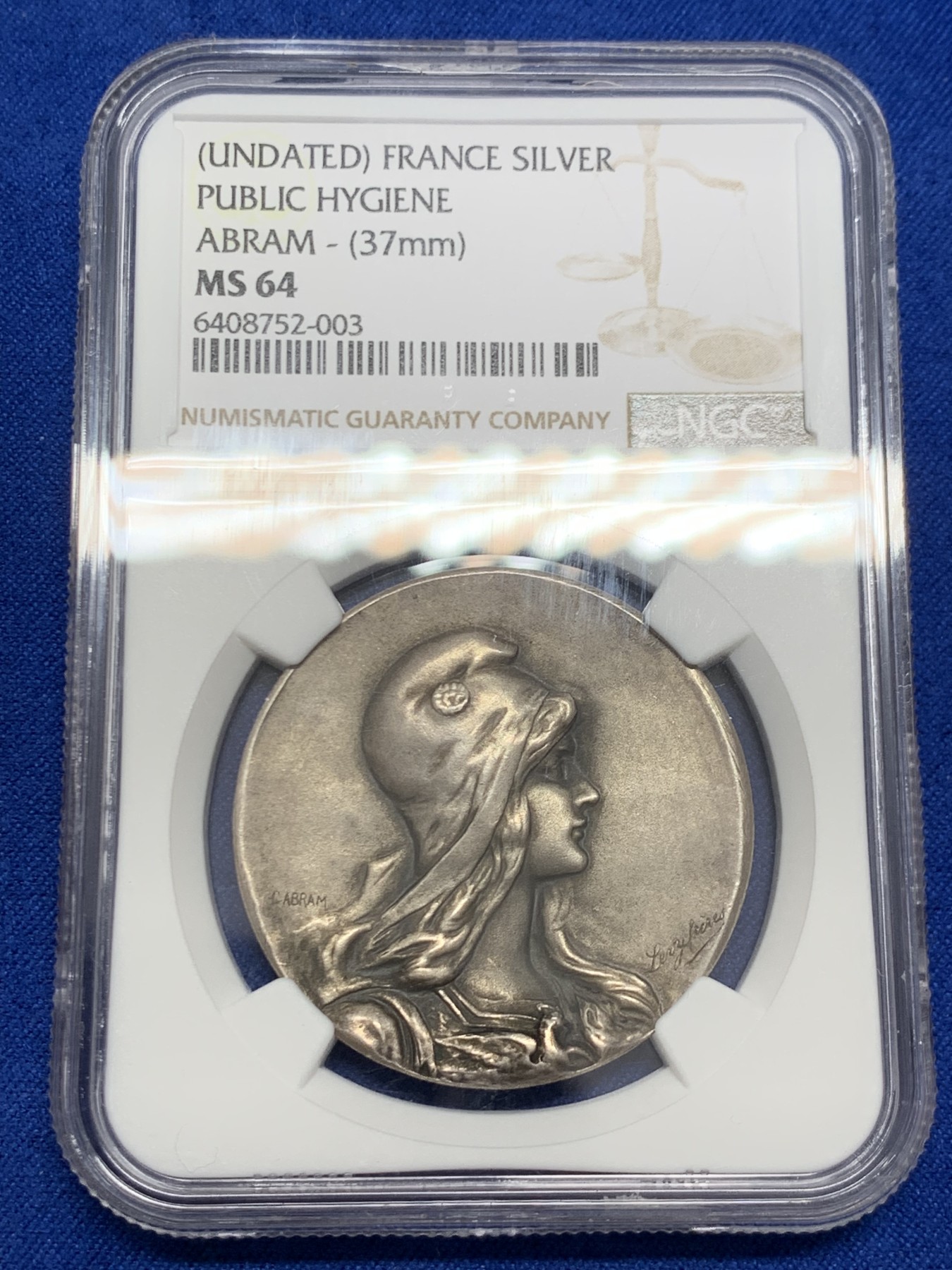 《竞宝斋》第243场-周日，周一 新年开场 (全场包邮) NGC MS64 法国第三共和国公共卫生部玛丽安娜银质纪念奖章 少见品种 高分