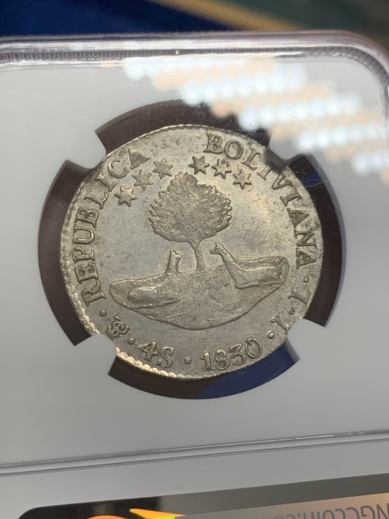 《竞宝斋》第243场-周日，周一 新年开场 (全场包邮) NGC MS61 1830PTS JL玻利维亚早期南美解放者玻利瓦尔戎装像4S半圆型银币，背面两只羊驼。早期南美，MS难得