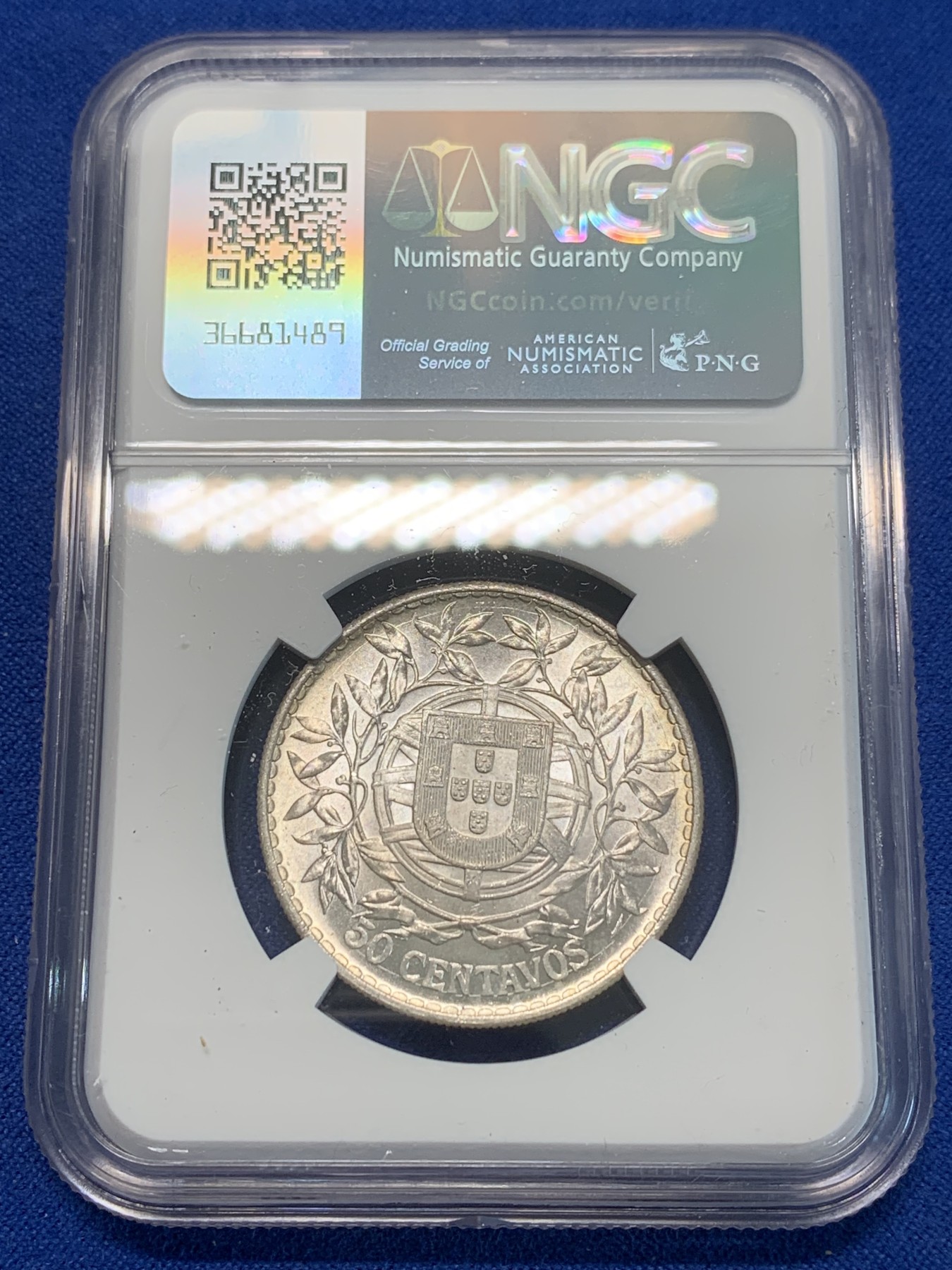 《竞宝斋》第243场-周日，周一 新年开场 (全场包邮) NGC MS64 葡萄牙1916年 自由女神半圆 50分银币