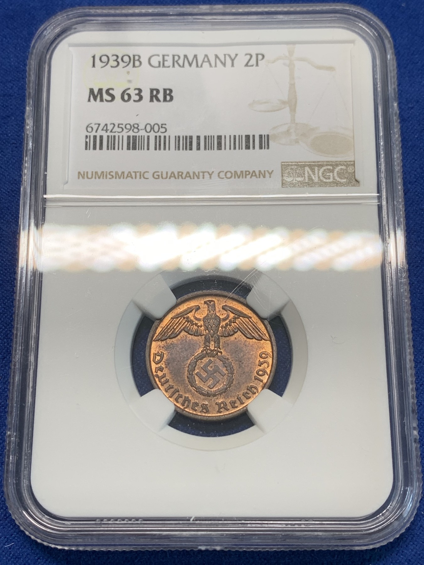 《竞宝斋》第243场-周日，周一 新年开场 (全场包邮) NGC MS63RB 1939B德国2芬尼 状态不错