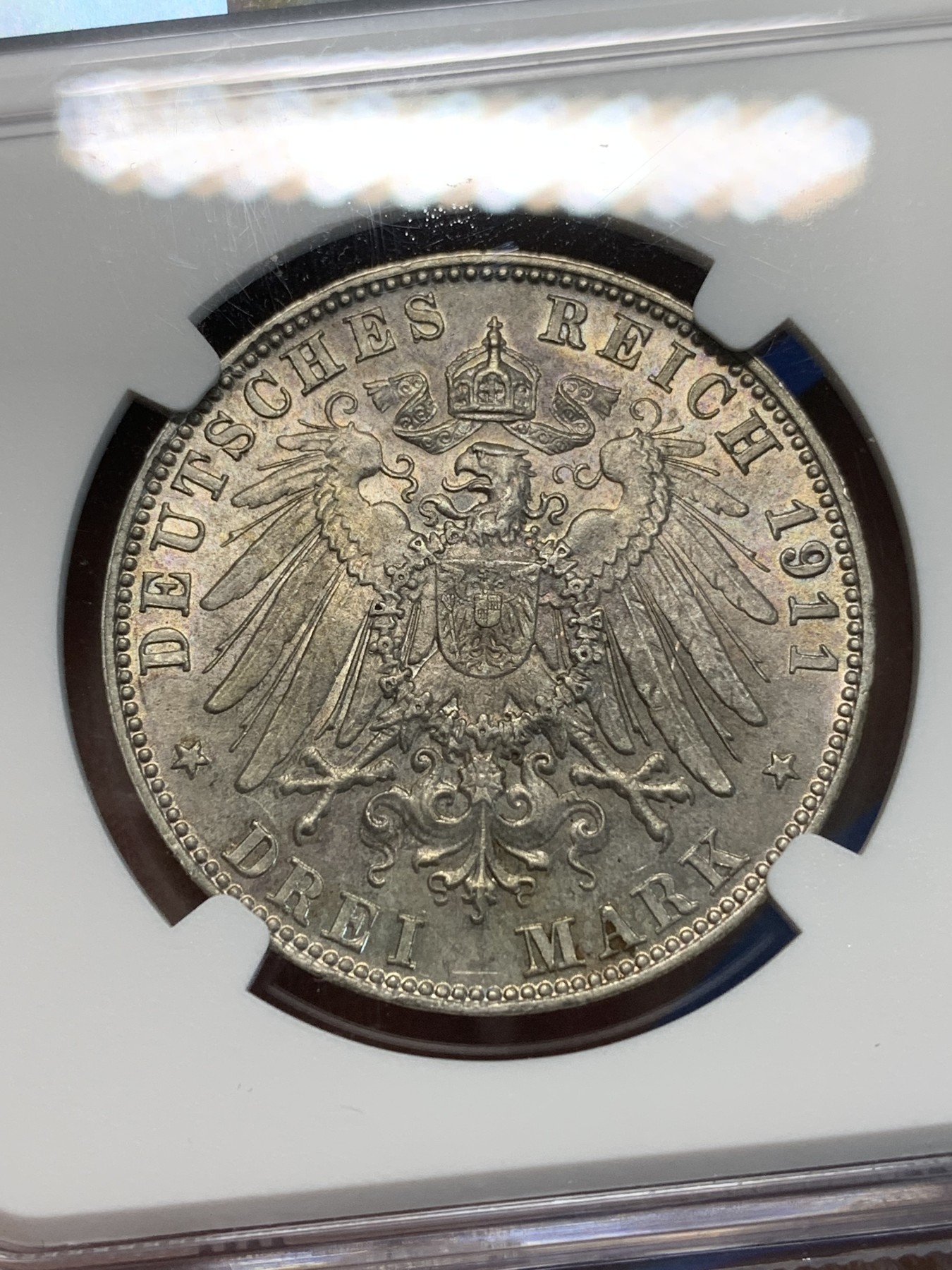 《竞宝斋》第243场-周日，周一 新年开场 (全场包邮) NGC MS63 德国巴伐利亚1911年利奥波德90岁寿辰3马克银币，底光好，好状态，低评了！