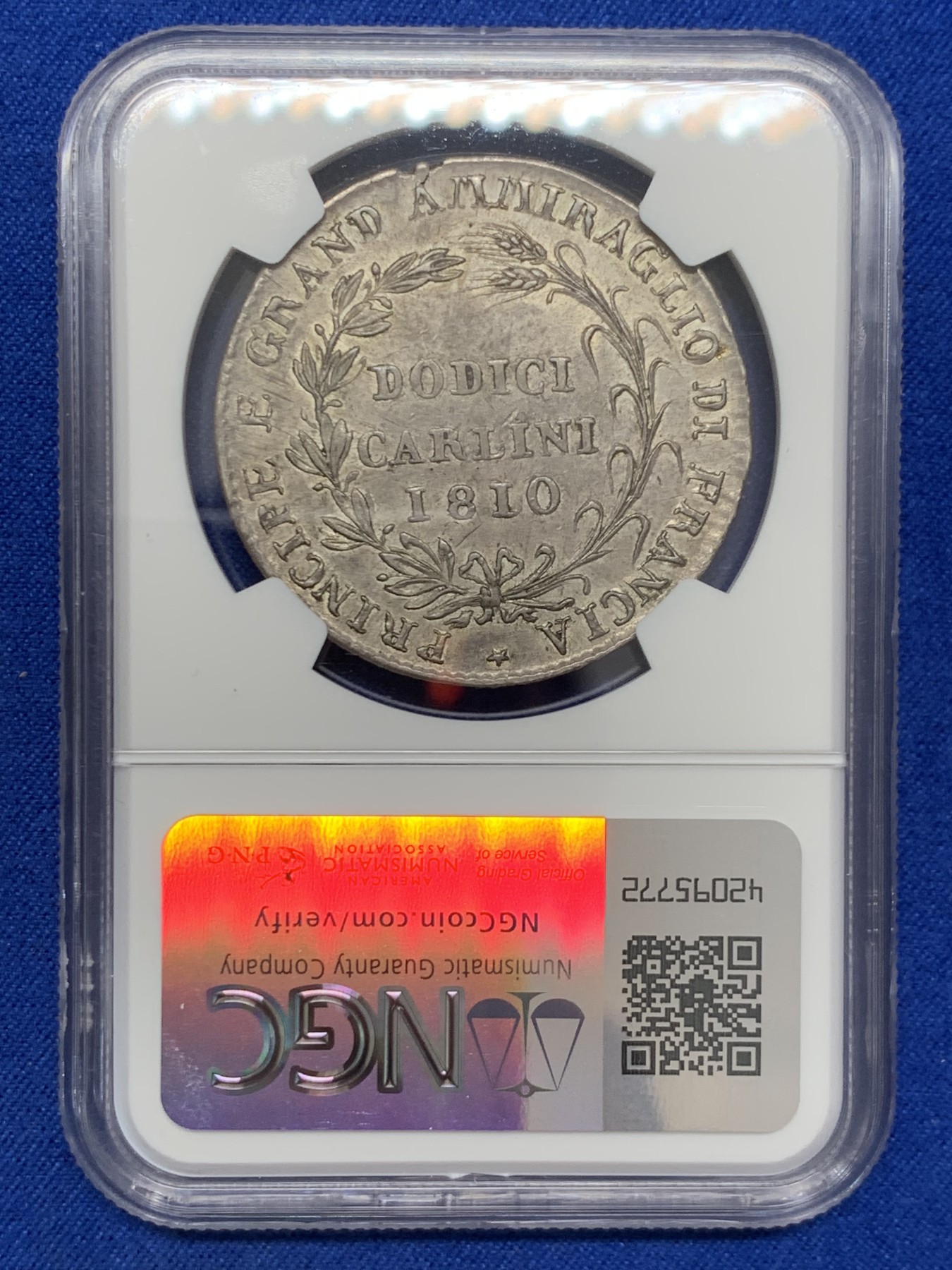 《竞宝斋》第243场-周日，周一 新年开场 (全场包邮) NGC AU50 意大利 1810  那不勒斯王国 缪拉 12 卡利尼 大银币 稀缺品种 2023昆克裸币3500欧元成交