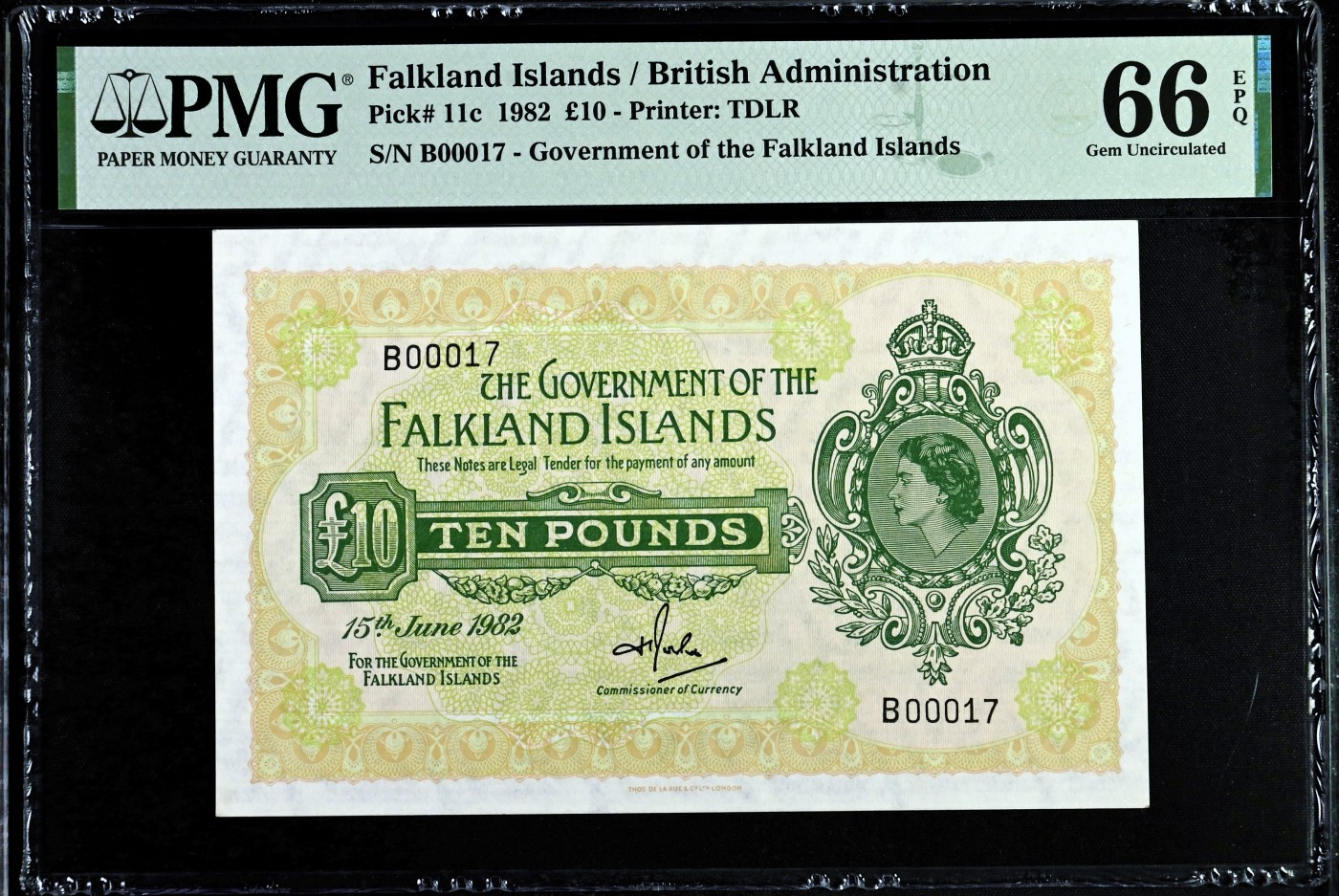 【Blue Auction】✨世界纸币精拍第440期【精】  【亚军分 17号超小号罕见】福克兰 1982年10镑 最高值 女王 PMG66EPQ 
