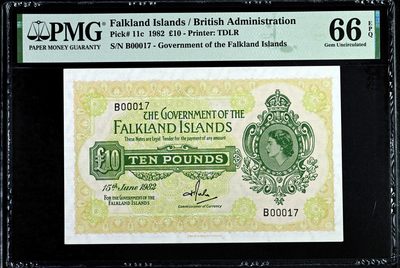 【Blue Auction】✨世界纸币精拍第440期【精】 -  【亚军分 17号超小号罕见】福克兰 1982年10镑 最高值 女王 PMG66EPQ 
