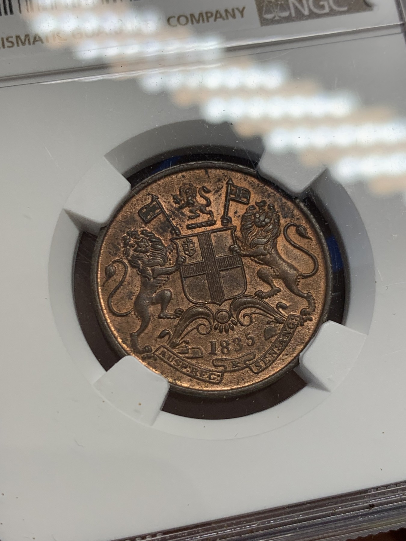 《竞宝斋》第243场-周日，周一 新年开场 (全场包邮) NGC MS64RB 英属东印度1835年1/4安娜 罕见完整原铜光细节好收藏级 HA同分拍了300+美金