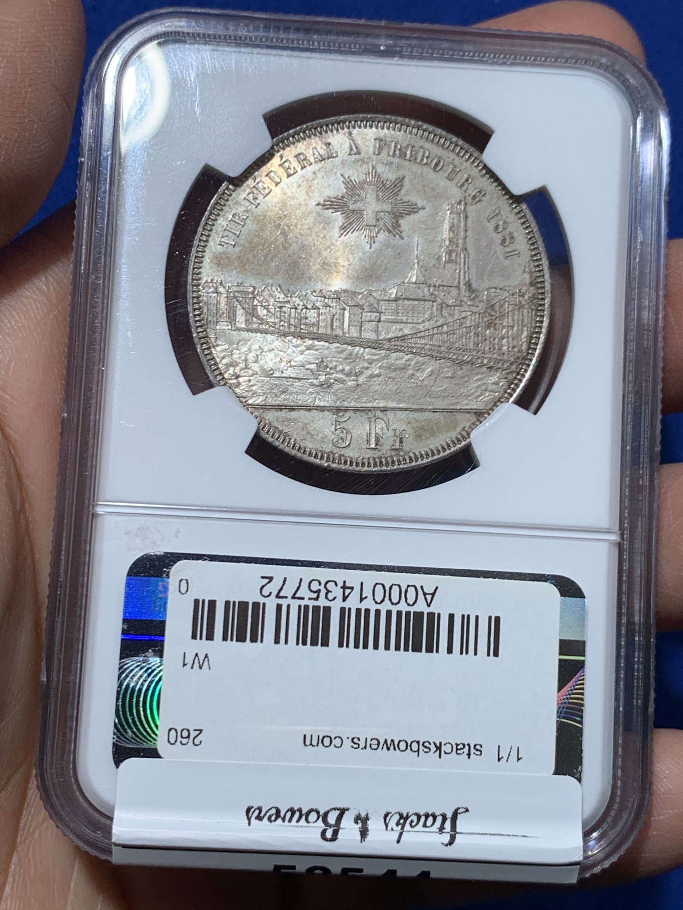 《竞宝斋》第243场-周日，周一 新年开场 (全场包邮) NGC MS63 1881瑞士5法郎银币  伯尔尼造币厂 非常经典的画面 美女人物 背面是城市风景，铁索吊桥