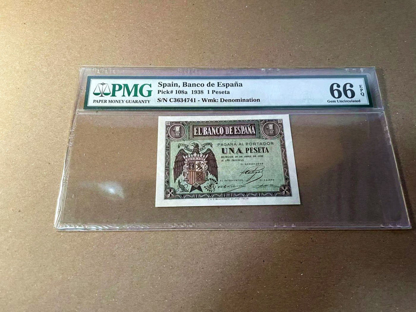 【Blue Auction】✨世界纸币精拍第440期【精】 西班牙 1938年1比塞塔 PMG66EPQ 