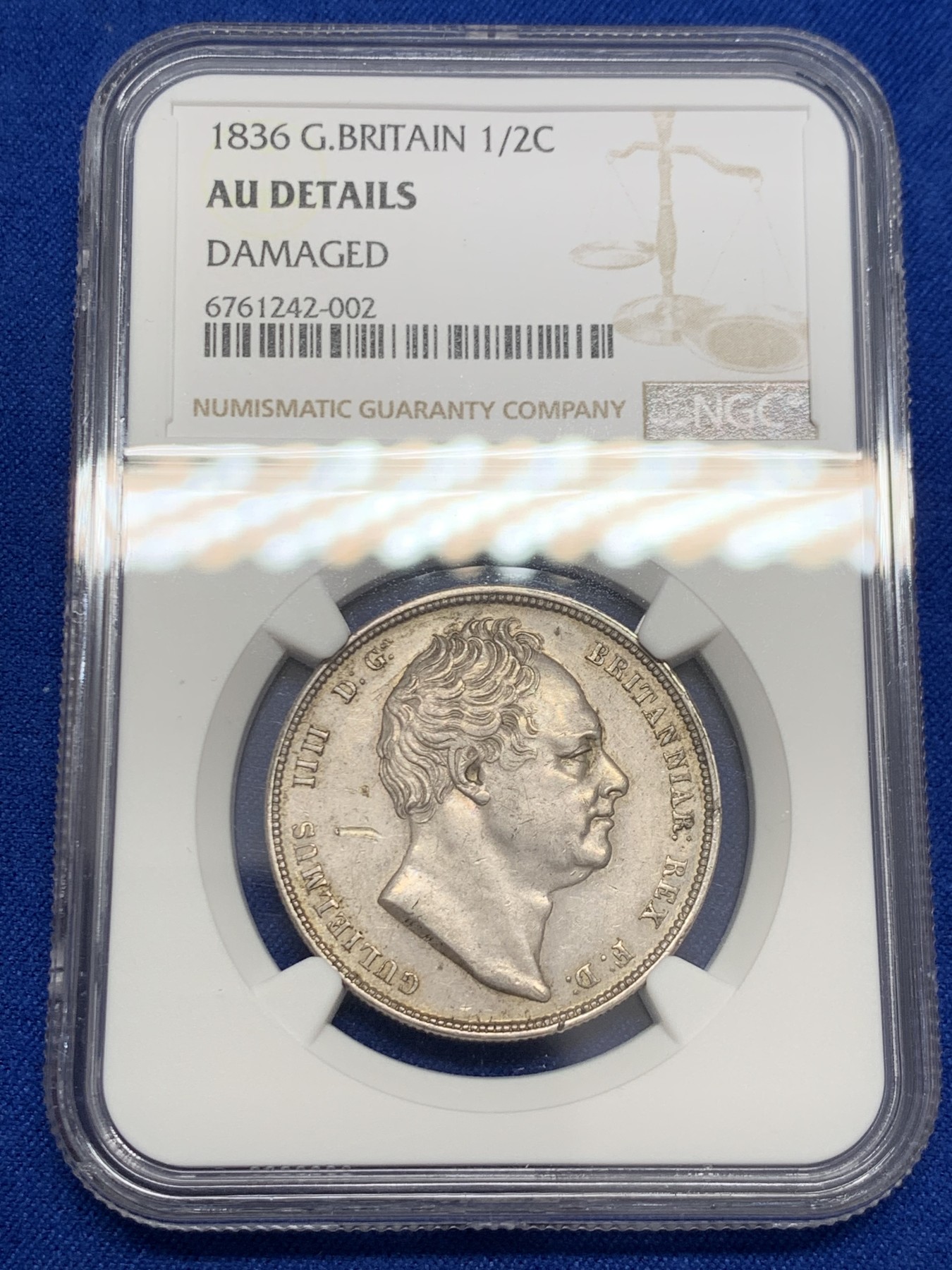 《竞宝斋》第243场-周日，周一 新年开场 (全场包邮) NGC AUD 英国1836年威廉四世半克朗银币 包浆醇厚，仅面部有一处磕伤，发现量比乔治四世更稀少