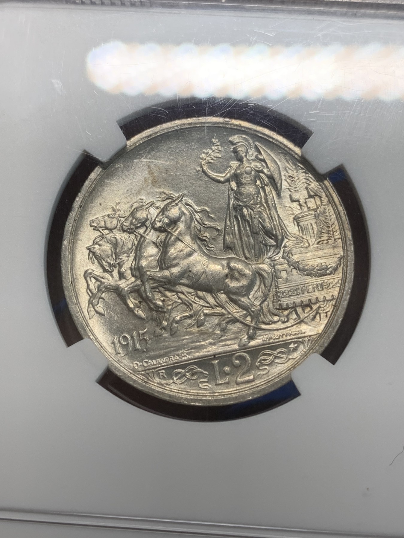 《竞宝斋》第243场-周日，周一 新年开场 (全场包邮) NGC MS62 意大利1915年马车2里拉银币 原光 状态一流