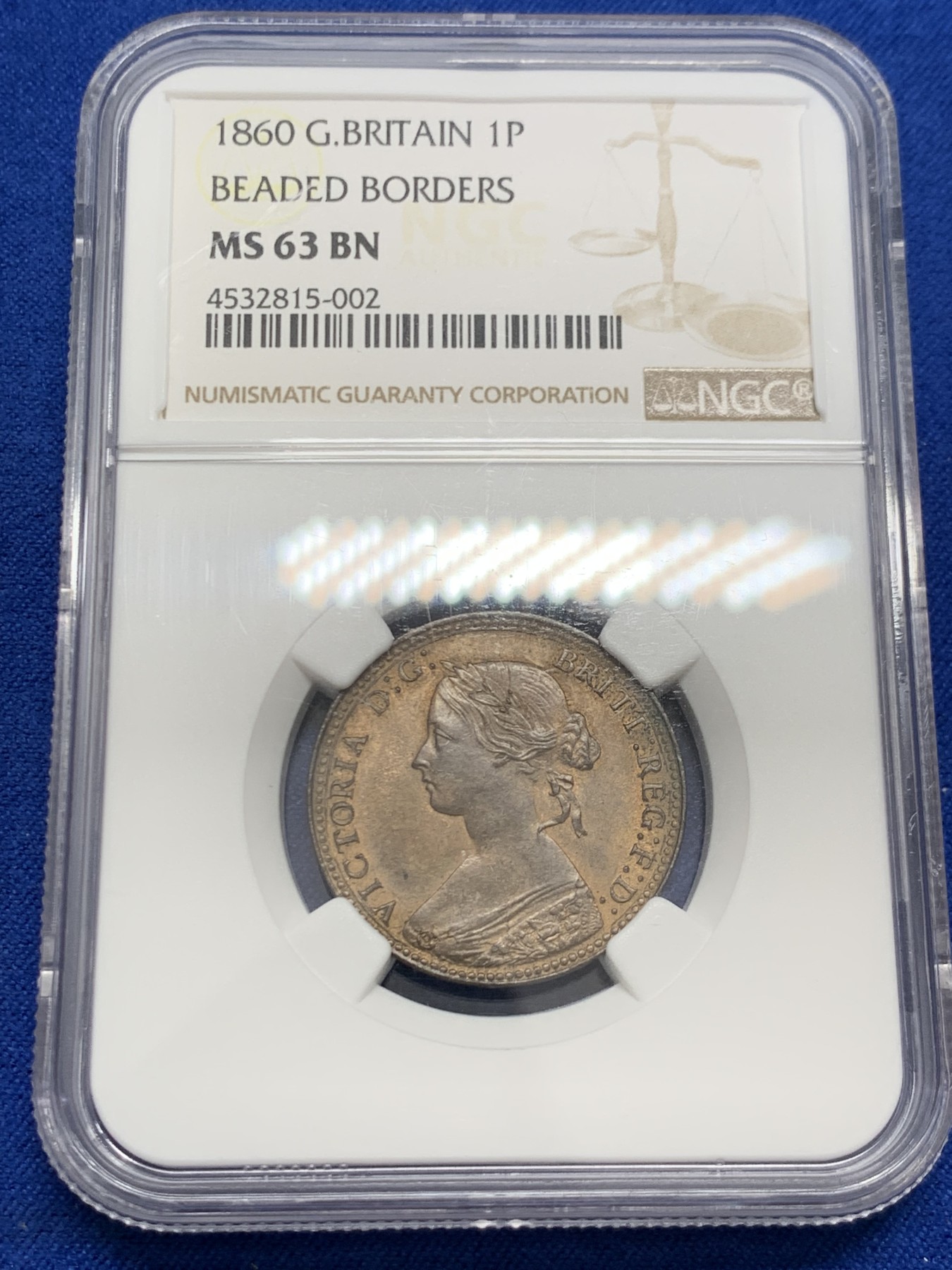 《竞宝斋》第243场-周日，周一 新年开场 (全场包邮) NGC MS63BN 1860年英国早期维多利亚半便士铜币 NGC标注成了1便士 极少见的首年份珠纹边版本 铜光明显细节完整不输RB