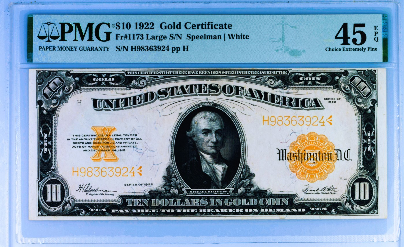 【Blue Auction】✨世界纸币精拍第440期【精】 美国 1922年10美金 黄金券 升值品种 PMG45EPQ 原票 美国第一任财政部长迈克尔-希雷加斯 