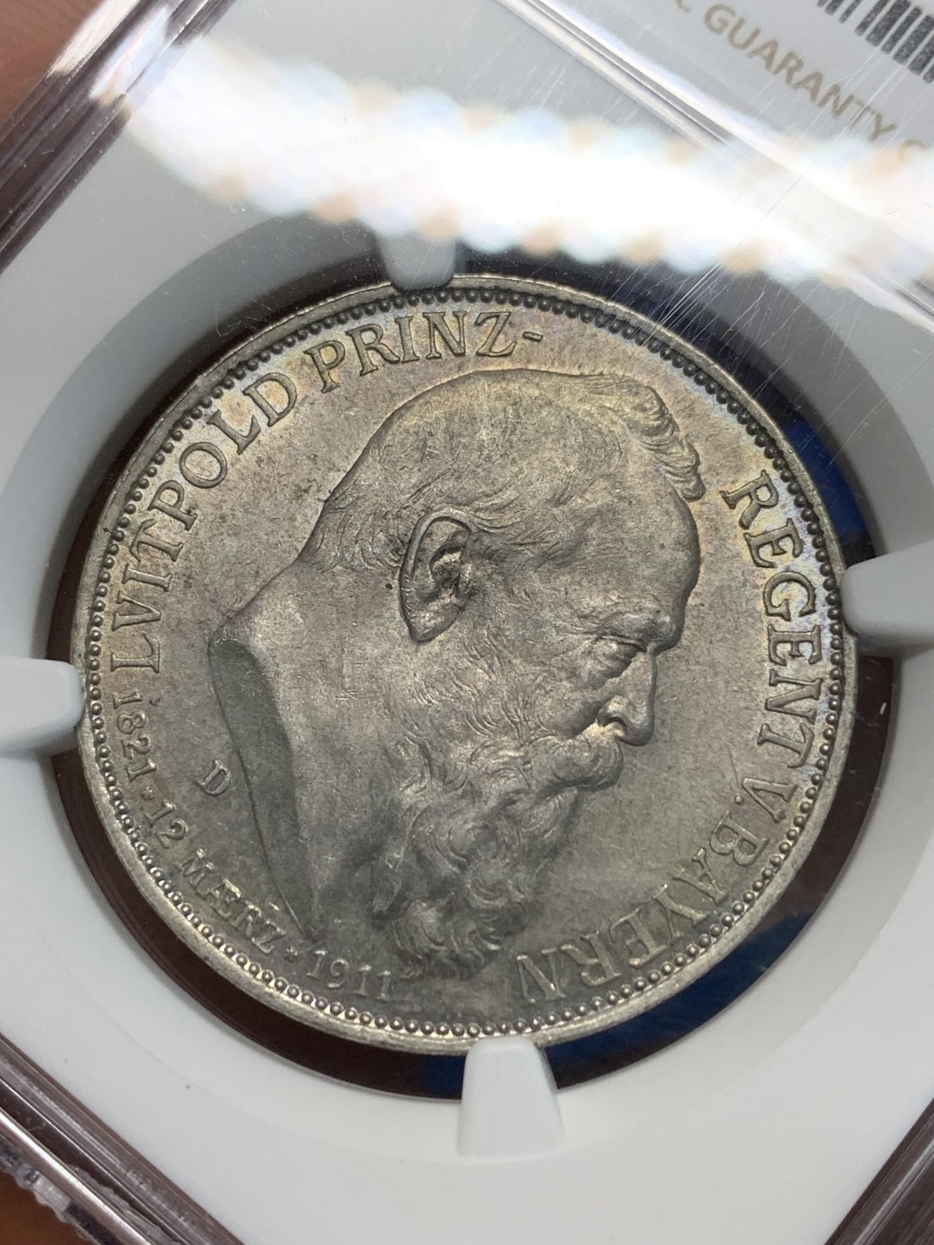 《竞宝斋》第243场-周日，周一 新年开场 (全场包邮) NGC MS63 德国巴伐利亚1911年利奥波德90岁寿辰3马克银币，底光好，好状态，低评了！