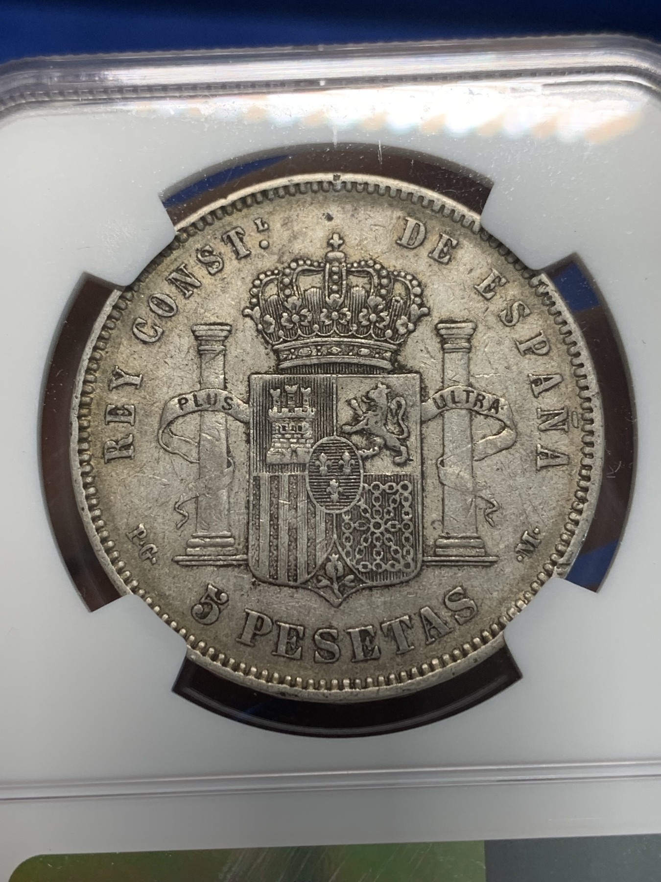 《竞宝斋》第243场-周日，周一 新年开场 (全场包邮) NGC XF40 西班牙1892年 阿方索十三世爆炸头 5比塞塔双柱大银币