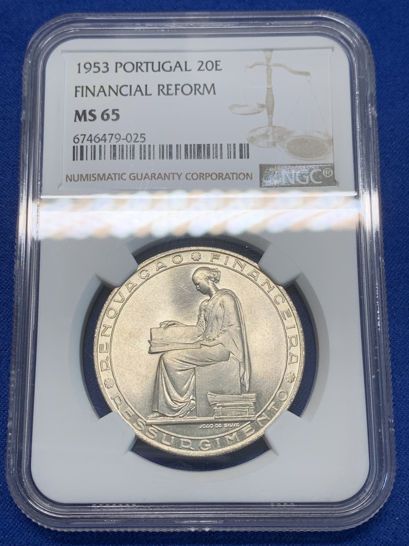《竞宝斋》第243场-周日，周一 新年开场 (全场包邮) NGC MS65 葡萄牙1953年金融改革制度25周年20埃斯库多大银币