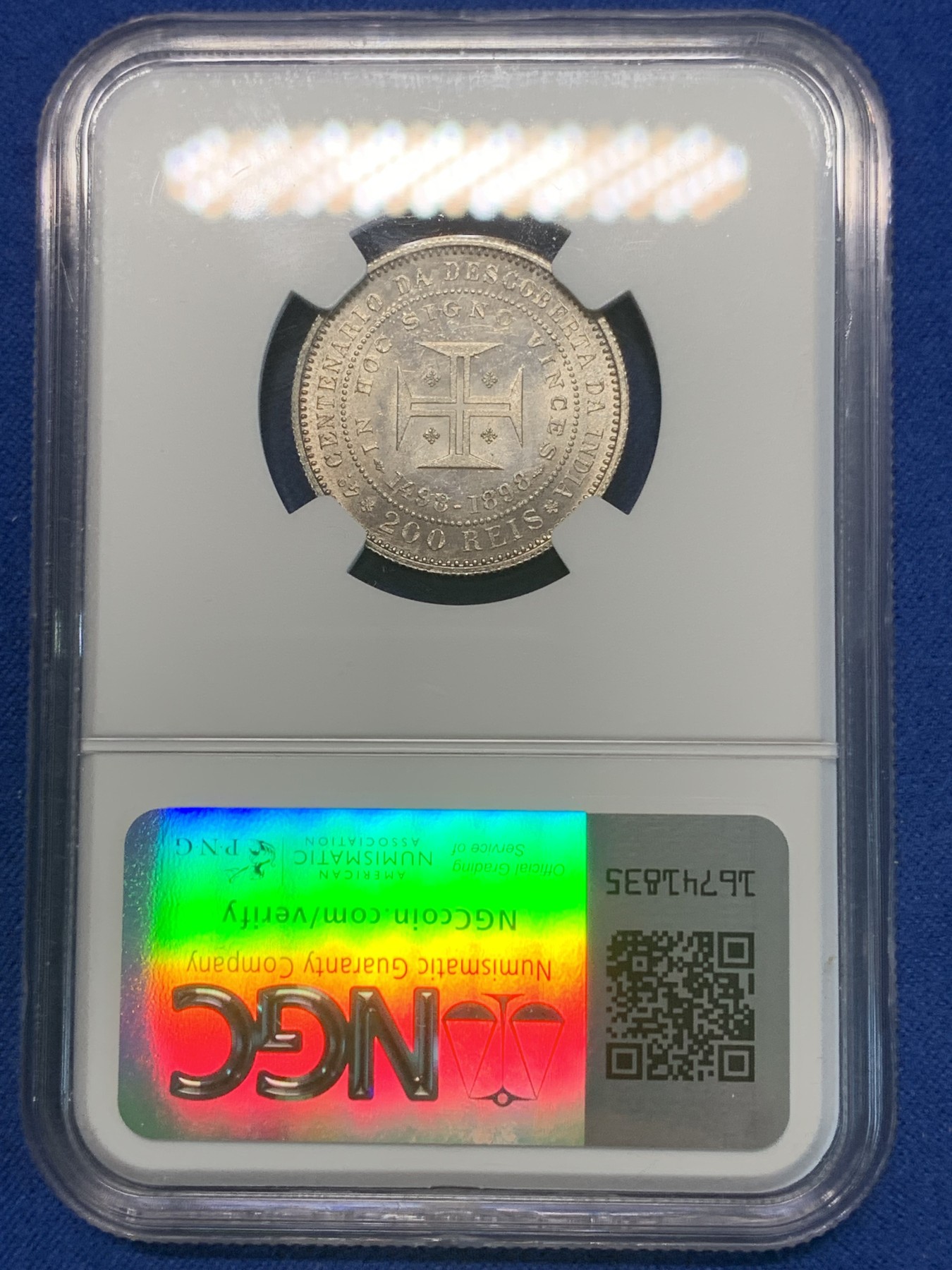 《竞宝斋》第243场-周日，周一 新年开场 (全场包邮) NGC MS62 葡萄牙1898年发现印度戎装版200瑞斯大银币