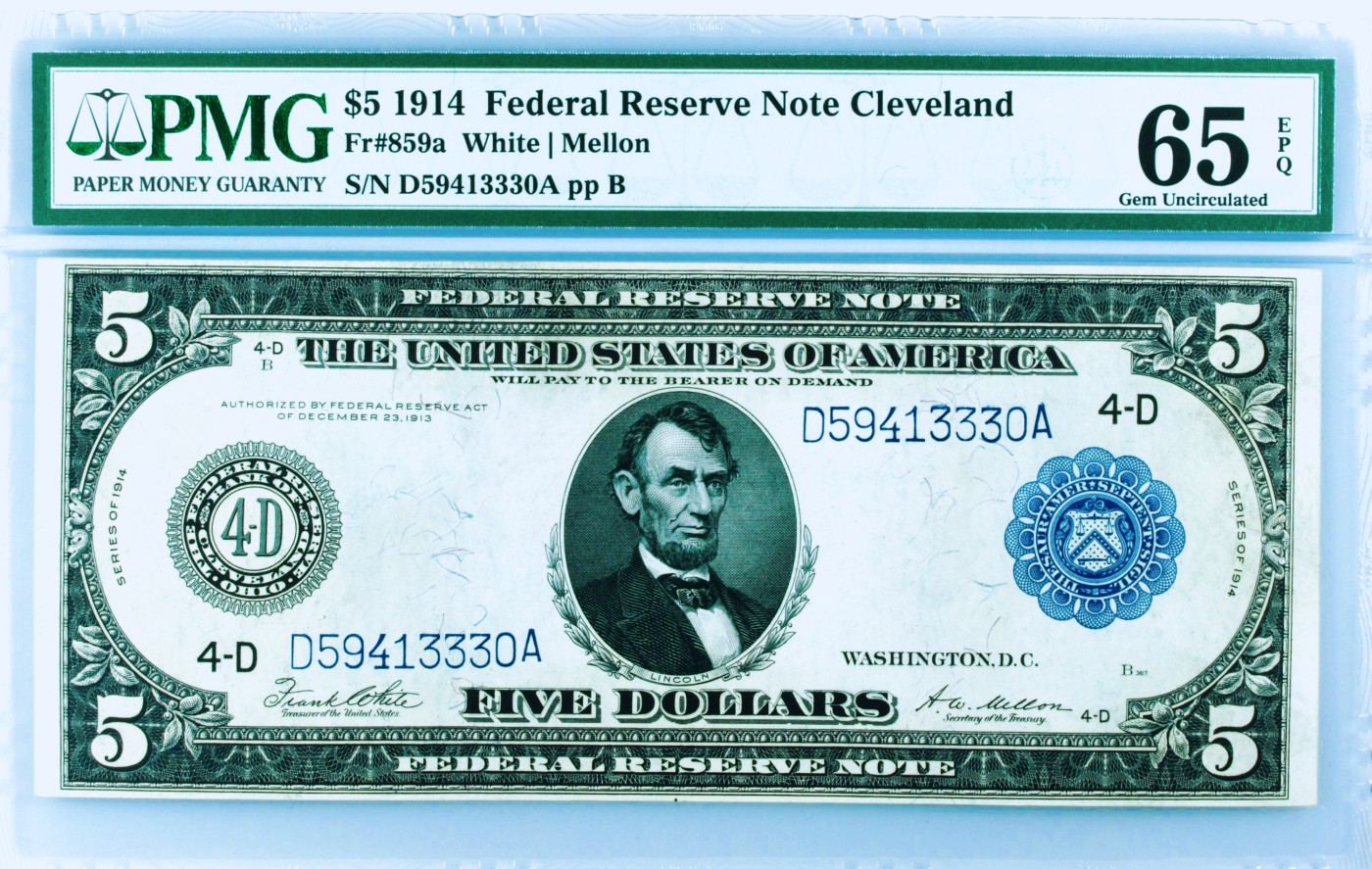 【Blue Auction】✨世界纸币精拍第440期【精】 【仅2张更高分 少见版本】美国 早期 1914年5美金 林肯 朝圣者登陆 雕刻精美 PMG65EPQ 绝品 
