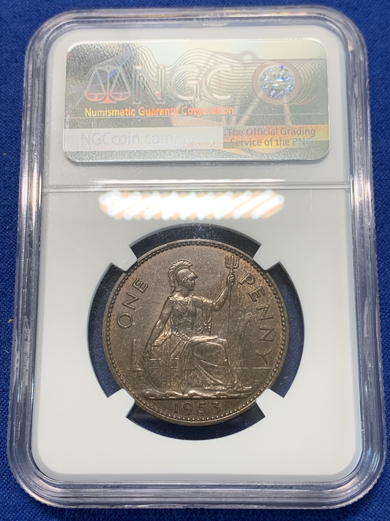 《竞宝斋》第243场-周日，周一 新年开场 (全场包邮) NGC MS63BN 英国1953年伊丽莎白二世头像1便士铜币