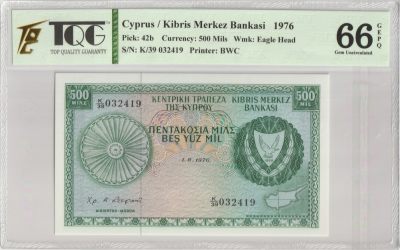 PThappally收藏第26次拍卖，英联邦地区硬币纸币 - CYPRUS, Central Bank of Cyprus, 1976 500 Mils, Sign. Christakis, Pik 42b - TQG66 GEPQ Gem UNC