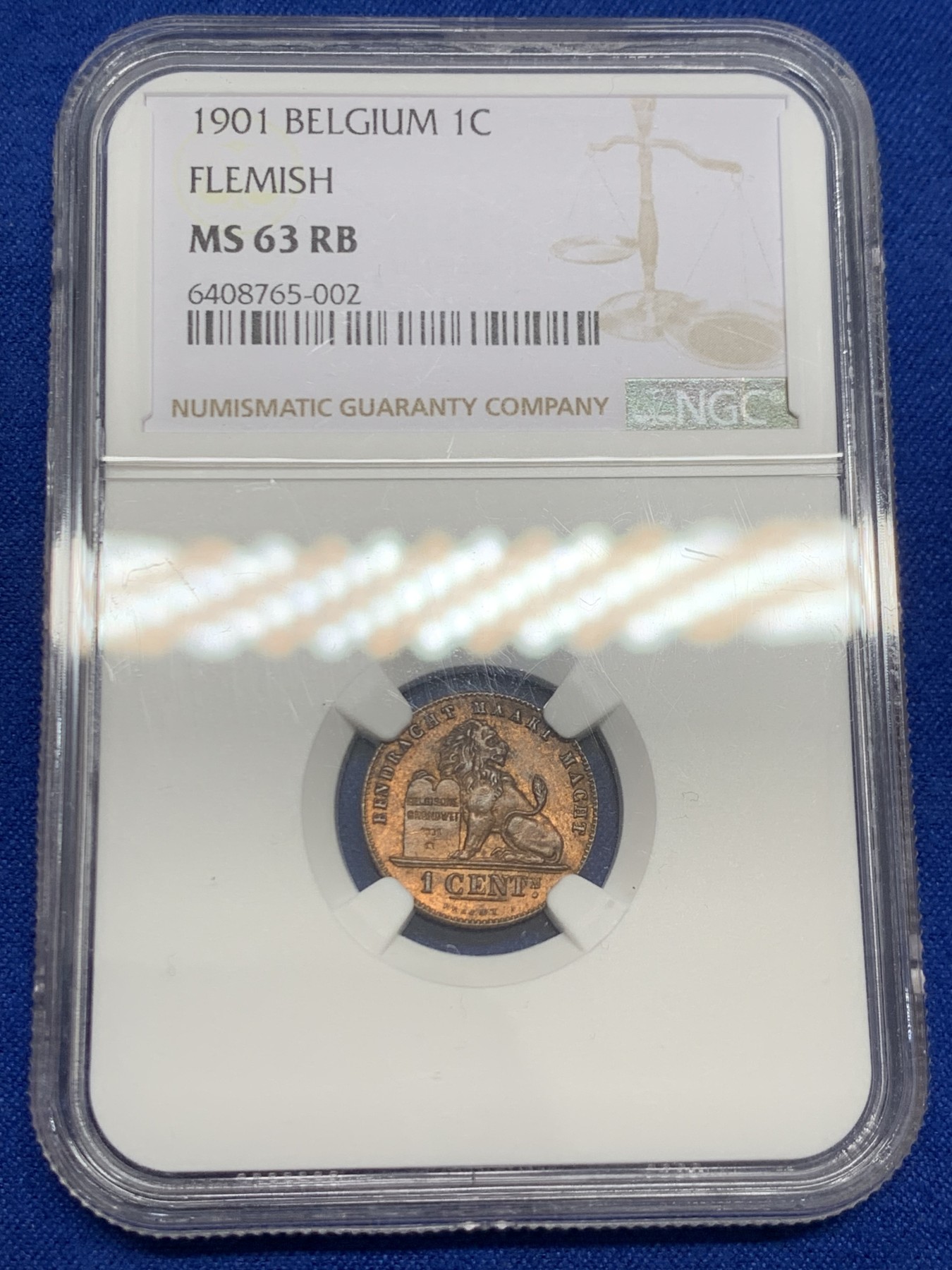 《竞宝斋》第243场-周日，周一 新年开场 (全场包邮) NGC MS63RB 比利时1901年1分铜币 季军分 铜光靓丽 比较少的狮子品种