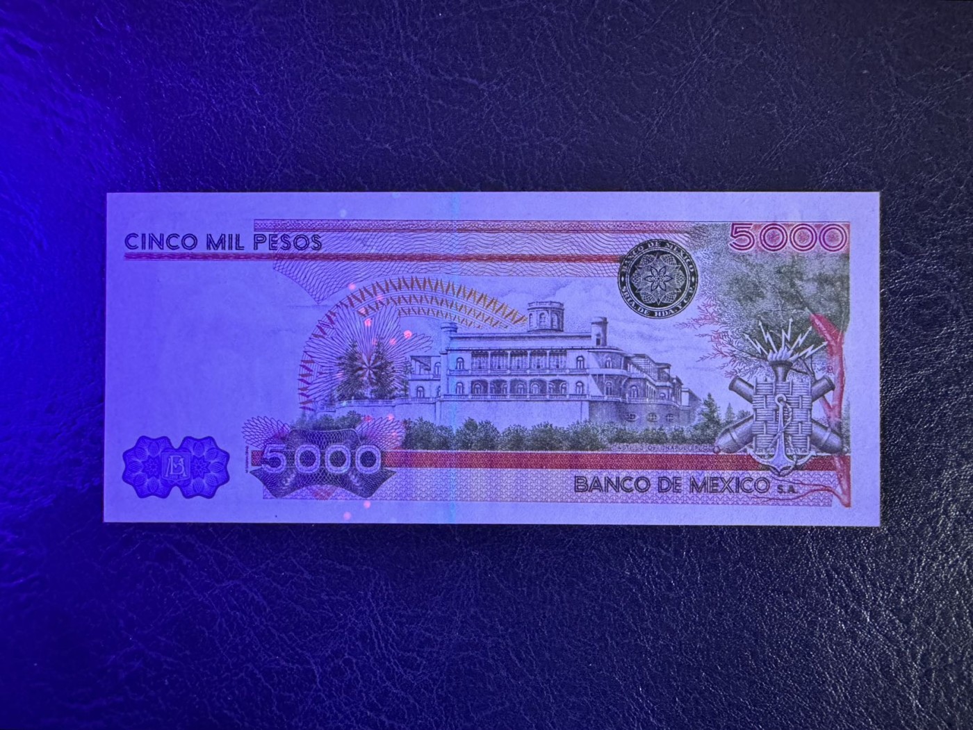 收藏联盟Quantum Auction 第328期拍卖  墨西哥1980年5000比索 品相全新UNC 首发冠 号码无47  非常稀少 票面自然油墨收缩 查普特佩克城堡