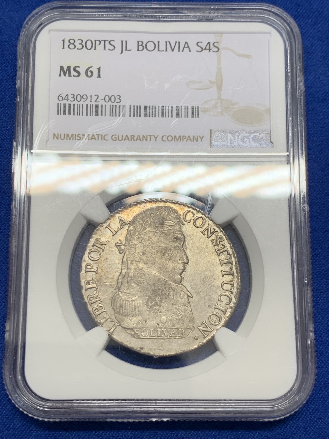 《竞宝斋》第243场-周日，周一 新年开场 (全场包邮) NGC MS61 1830PTS JL玻利维亚早期南美解放者玻利瓦尔戎装像4S半圆型银币，背面两只羊驼。早期南美，MS难得