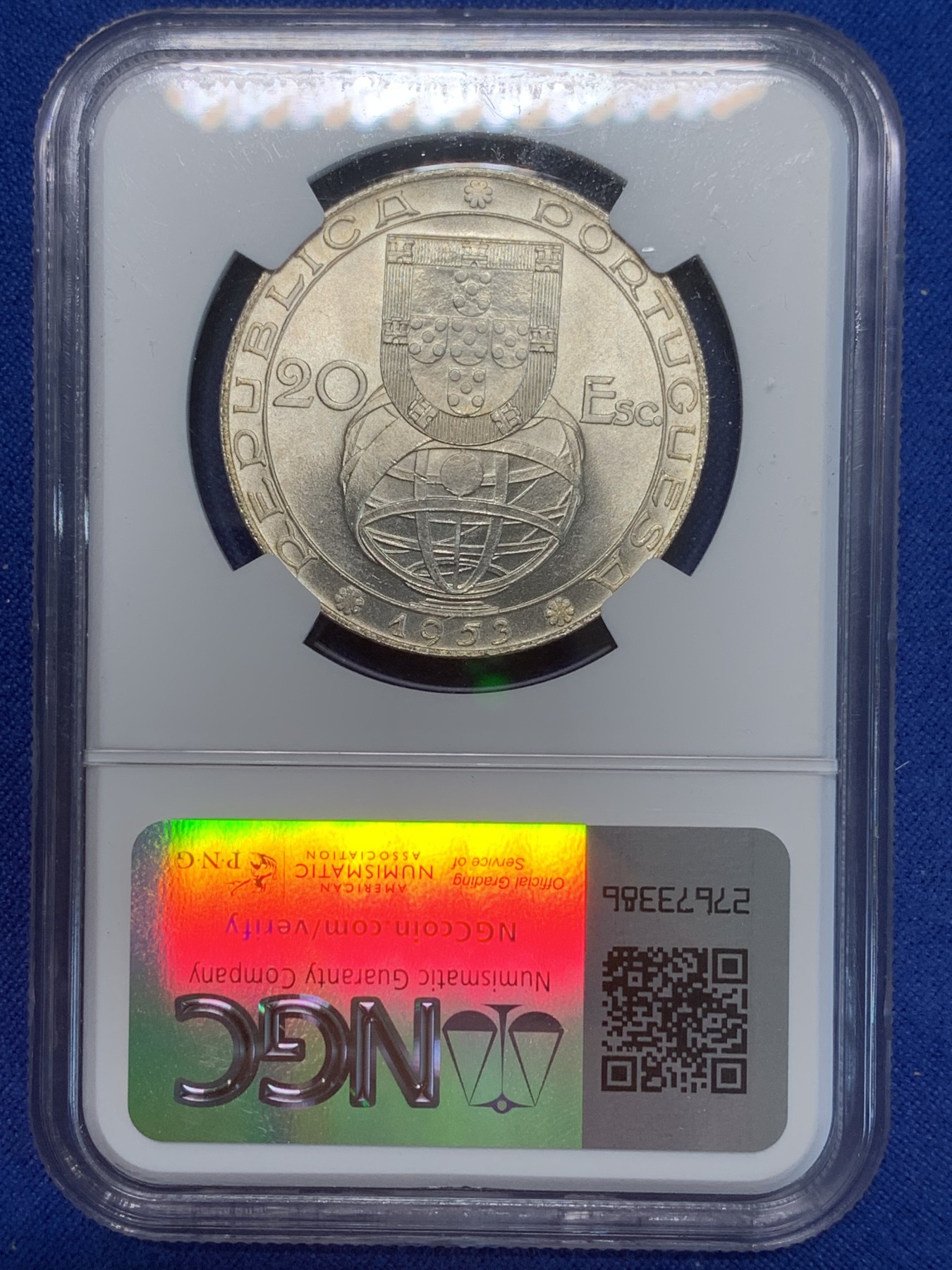 《竞宝斋》第243场-周日，周一 新年开场 (全场包邮) NGC MS65 葡萄牙1953年金融改革制度25周年20埃斯库多大银币