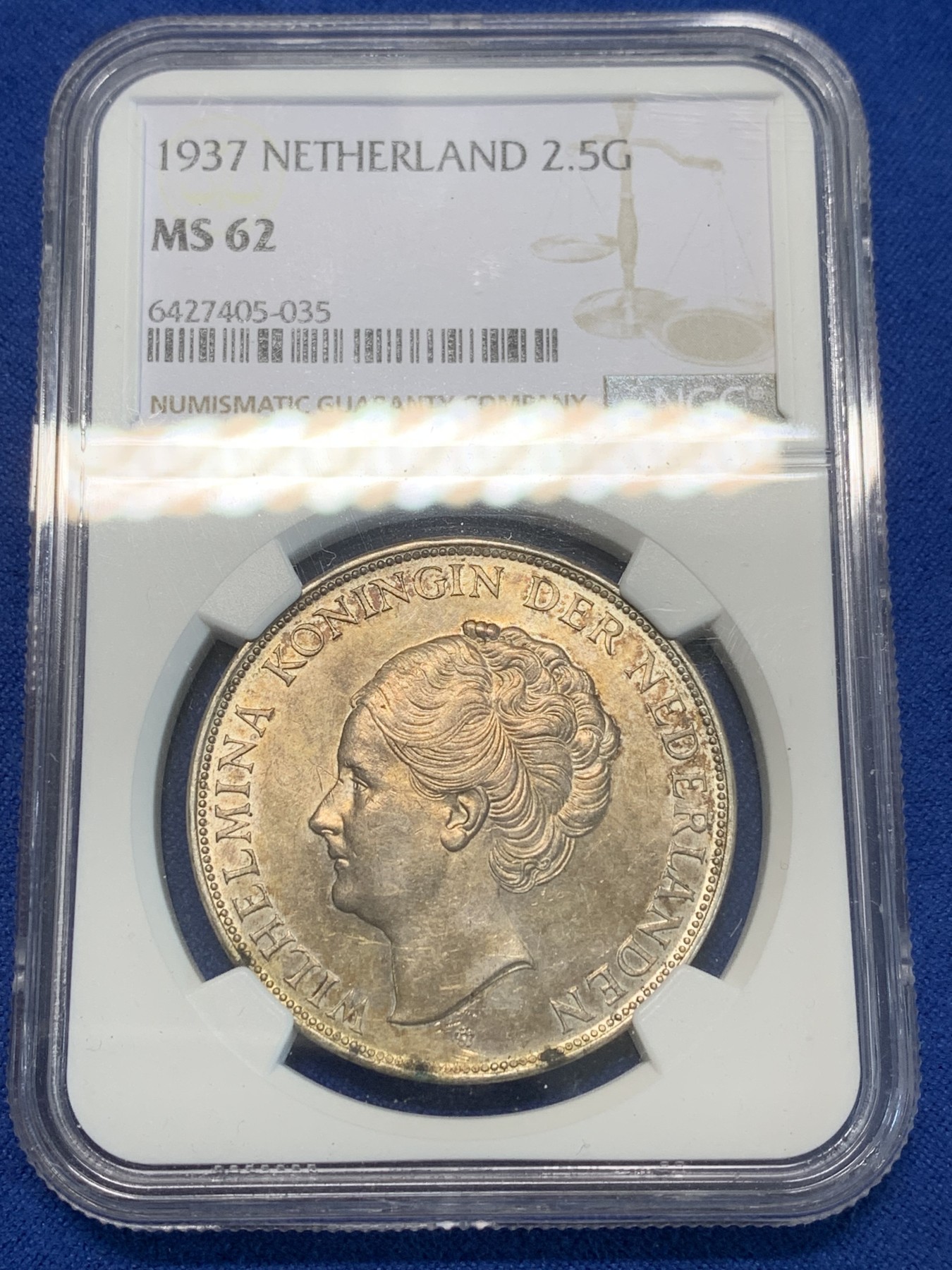 《竞宝斋》第243场-周日，周一 新年开场 (全场包邮) NGC MS62 荷兰1937年女王威廉明娜2.5盾银币