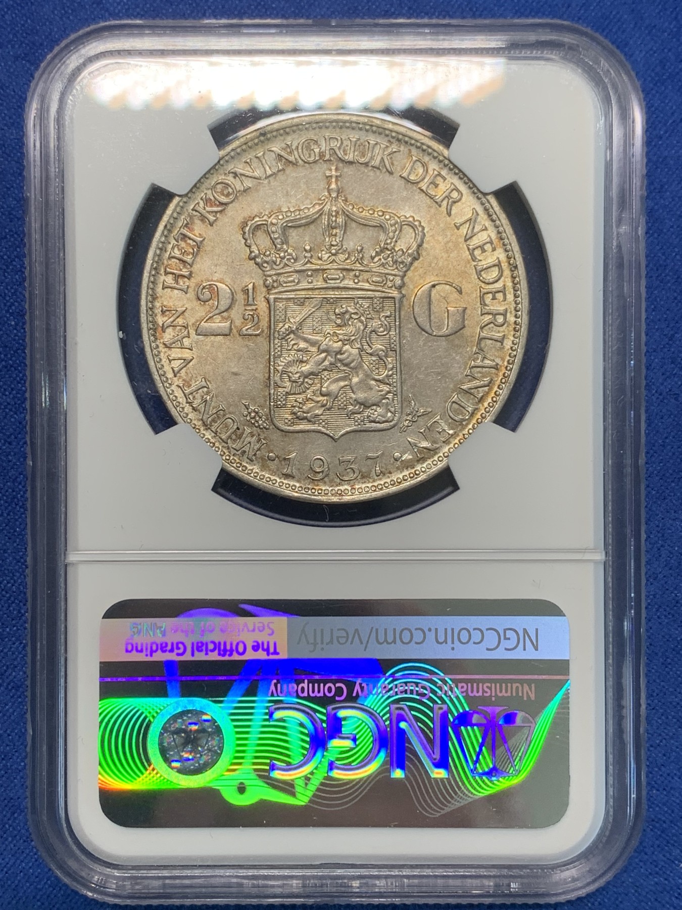 《竞宝斋》第243场-周日，周一 新年开场 (全场包邮) NGC MS62 荷兰1937年女王威廉明娜2.5盾银币