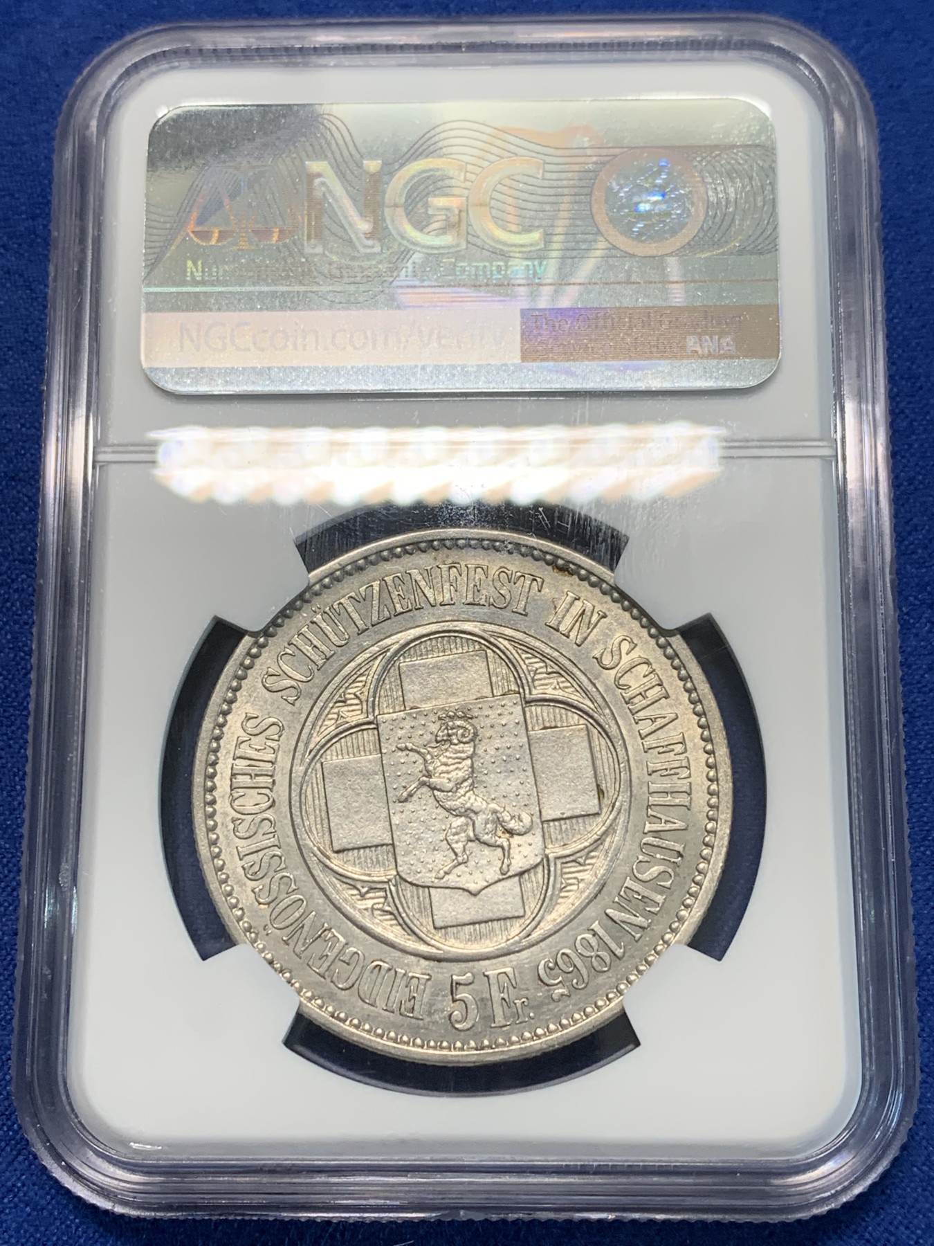 《竞宝斋》第243场-周日，周一 新年开场 (全场包邮) NGC UNCD 热追品种 瑞士1865年沙夫豪森狩猎节5法郎银币