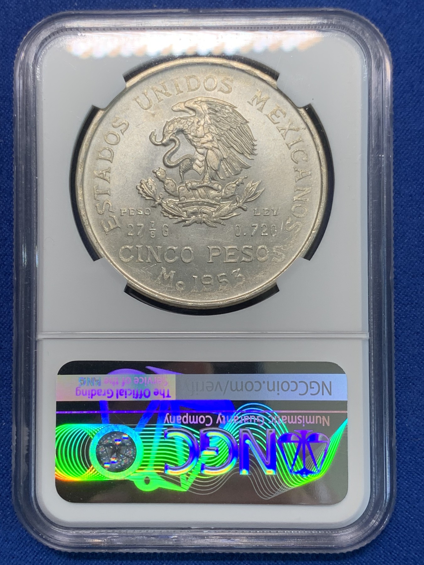 《竞宝斋》第243场-周日，周一 新年开场 (全场包邮) NGC MS64 墨西哥1953年国父伊达尔戈5比索大银 币面银霜，顶级高分品，值得收藏