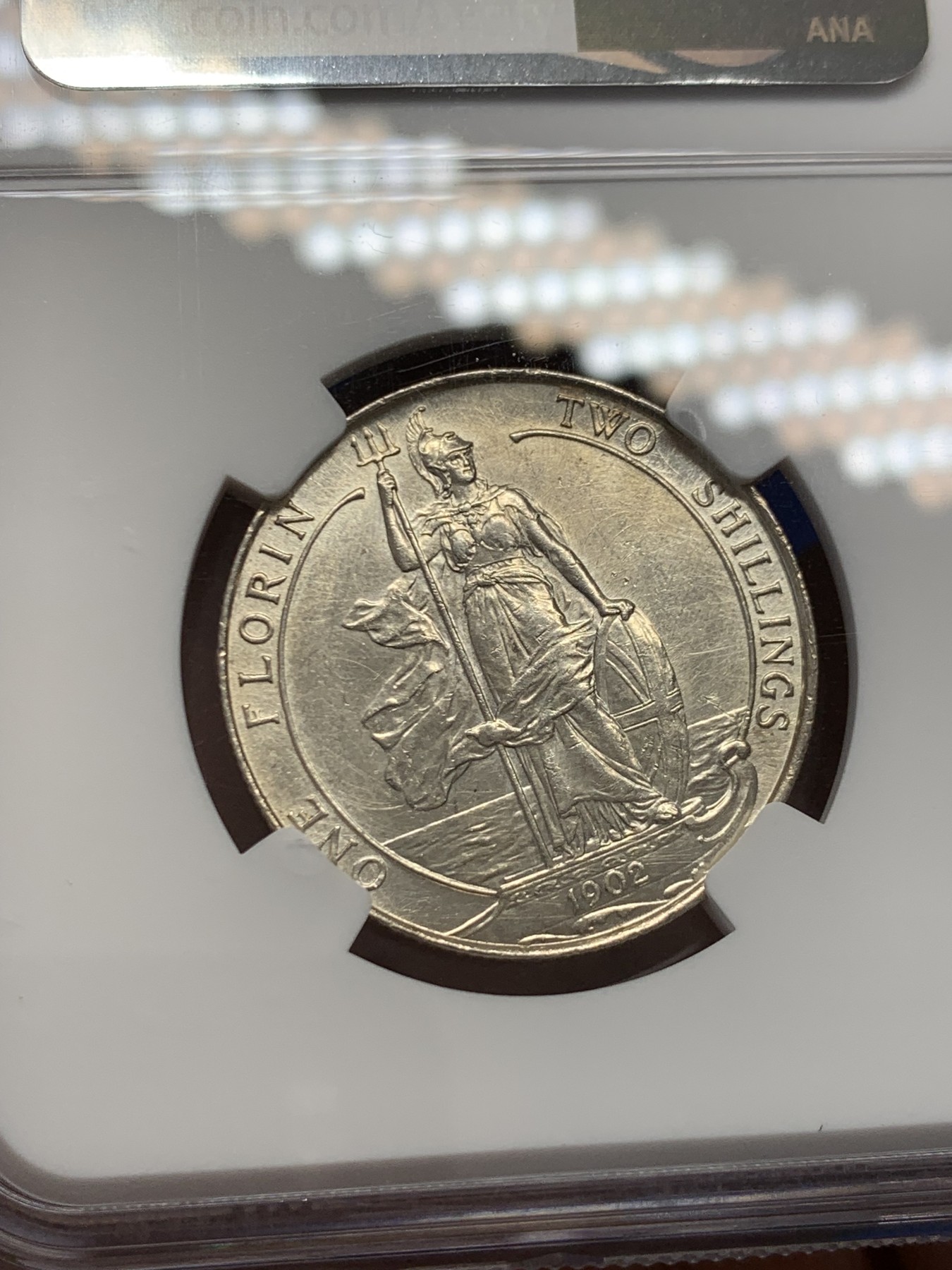 《竞宝斋》第243场-周日，周一 新年开场 (全场包邮) NGC UNC 英国1902年爱德华七世海神弗洛林（2先令）银币