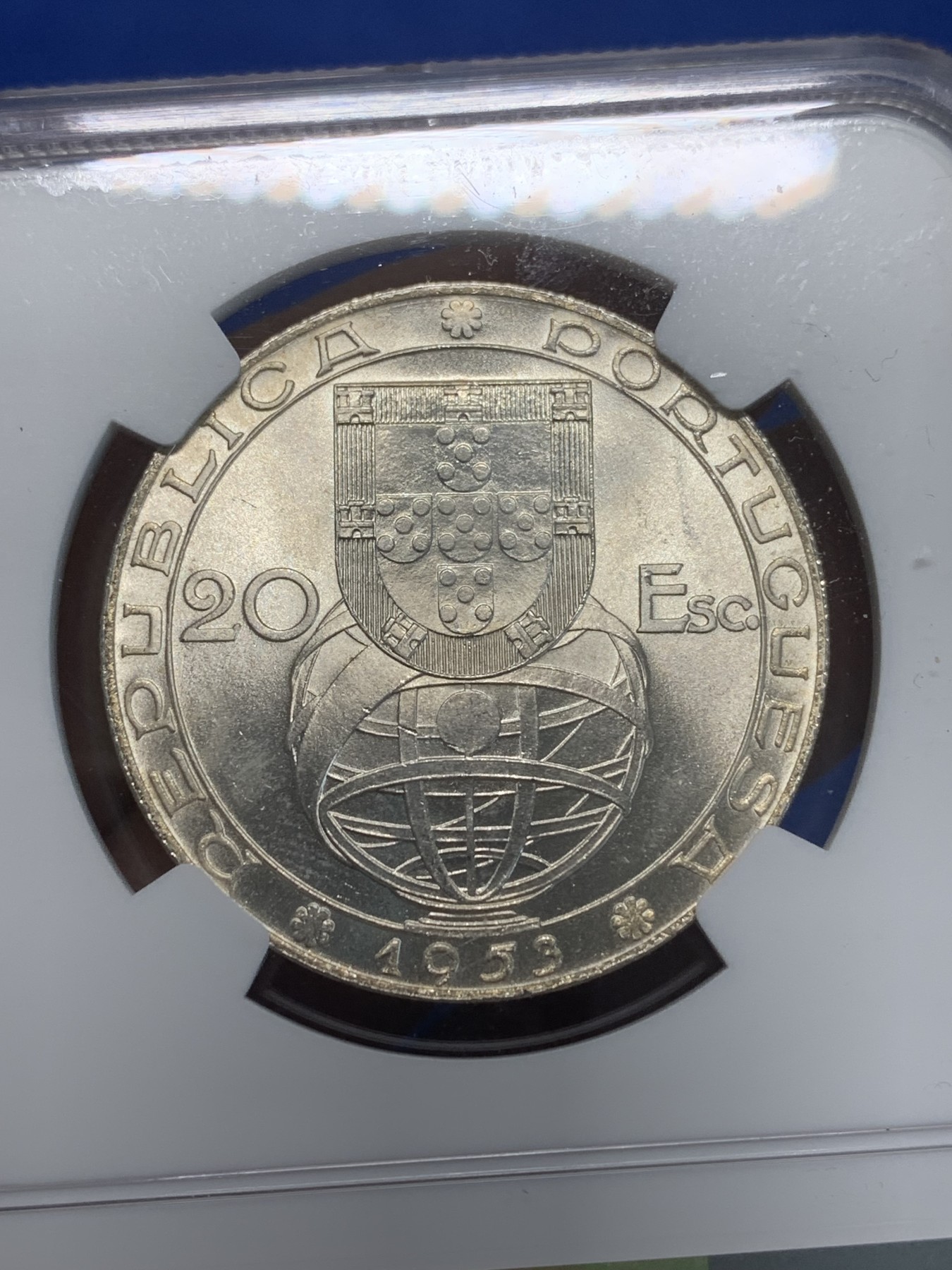 《竞宝斋》第243场-周日，周一 新年开场 (全场包邮) NGC MS65 葡萄牙1953年金融改革制度25周年20埃斯库多大银币