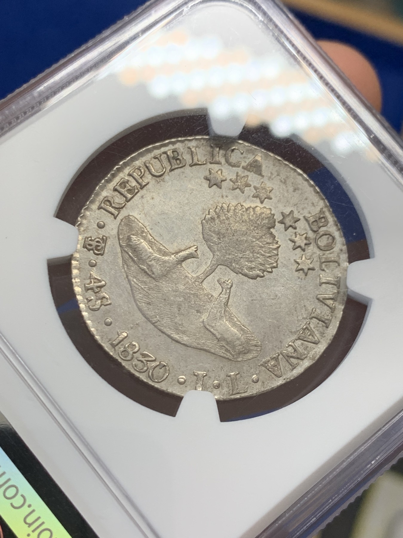 《竞宝斋》第243场-周日，周一 新年开场 (全场包邮) NGC MS61 1830PTS JL玻利维亚早期南美解放者玻利瓦尔戎装像4S半圆型银币，背面两只羊驼。早期南美，MS难得