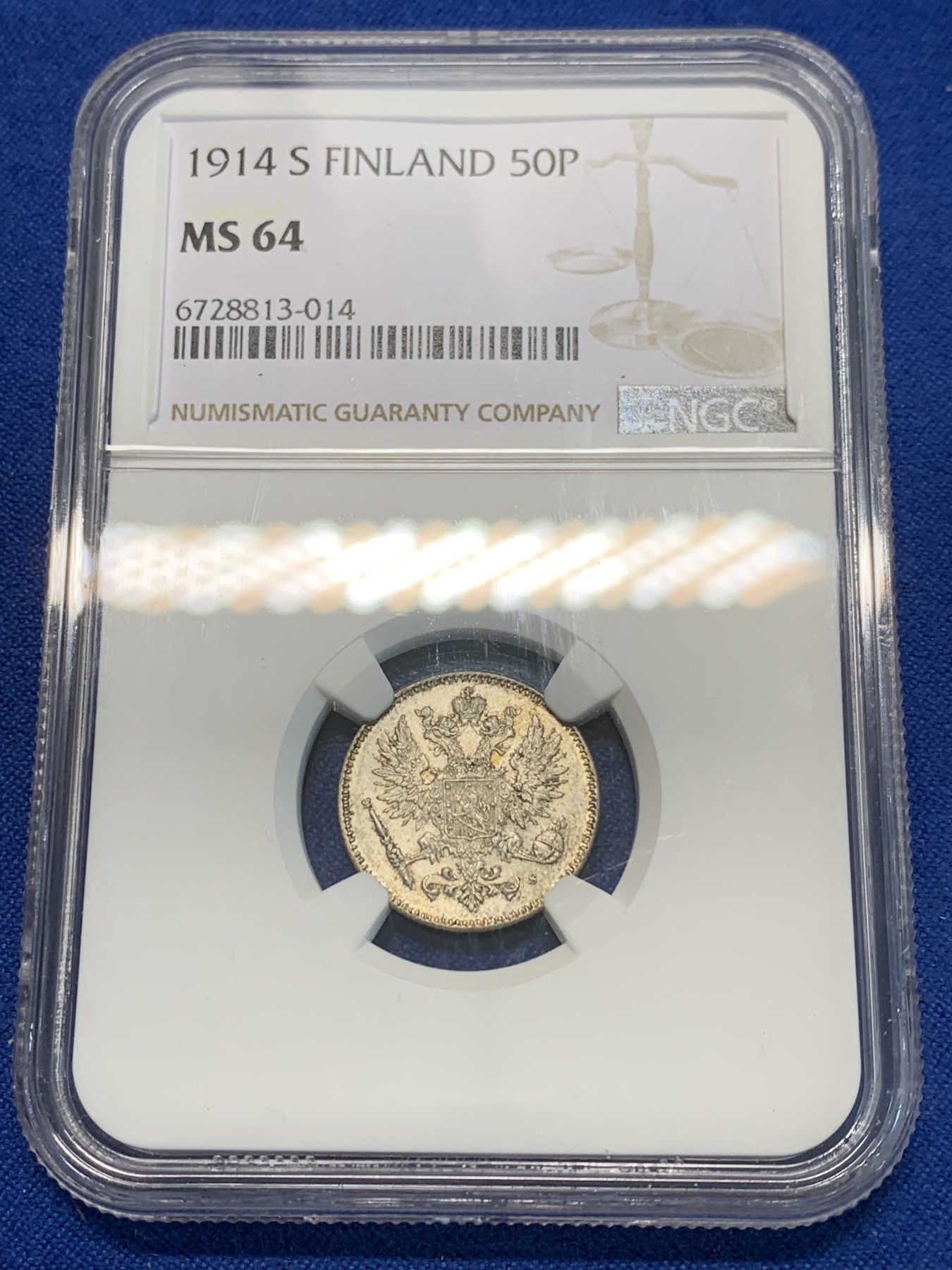 《竞宝斋》第243场-周日，周一 新年开场 (全场包邮) NGC MS64 俄占芬兰1914年 双头鹰50P银币