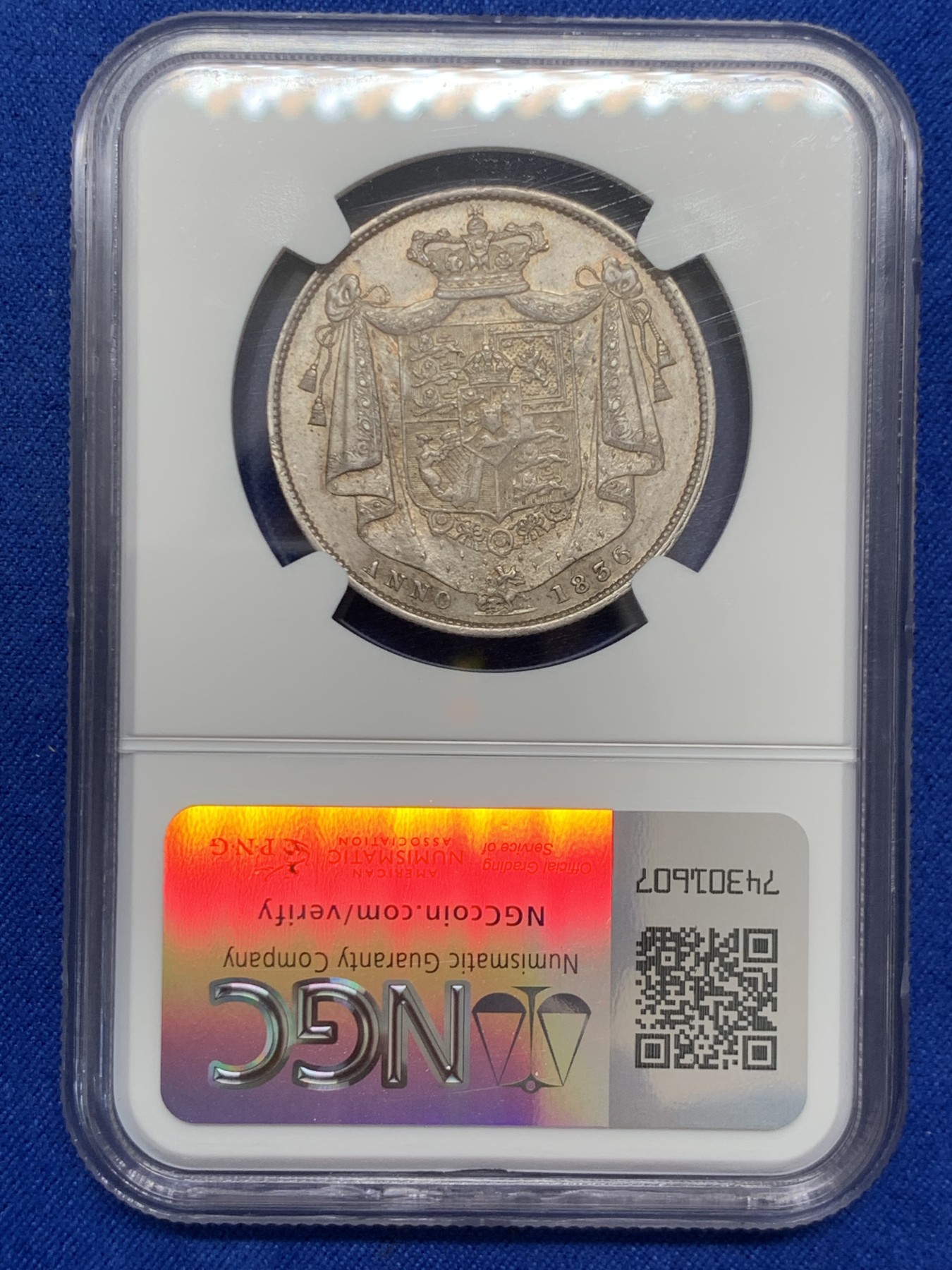 《竞宝斋》第243场-周日，周一 新年开场 (全场包邮) NGC AUD 英国1836年威廉四世半克朗银币 包浆醇厚，仅面部有一处磕伤，发现量比乔治四世更稀少