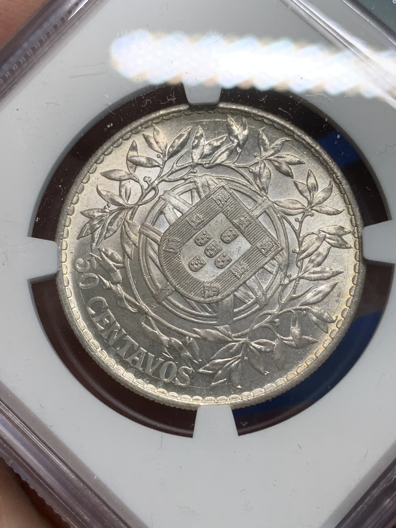 《竞宝斋》第243场-周日，周一 新年开场 (全场包邮) NGC MS64 葡萄牙1916年 自由女神半圆 50分银币