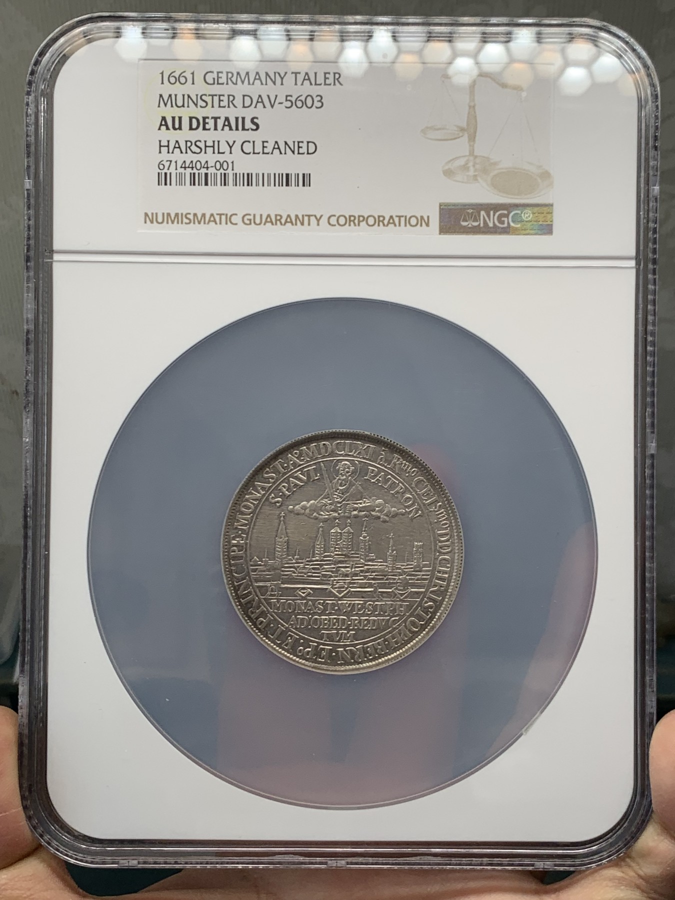 《竞宝斋》第243场-周日，周一 新年开场 (全场包邮) NGC AU 德国 1661 明斯特 云端圣保罗 城市景观泰勒大银币  大盒封装 AU58+2021成交价2.3万 AU性价比极好
