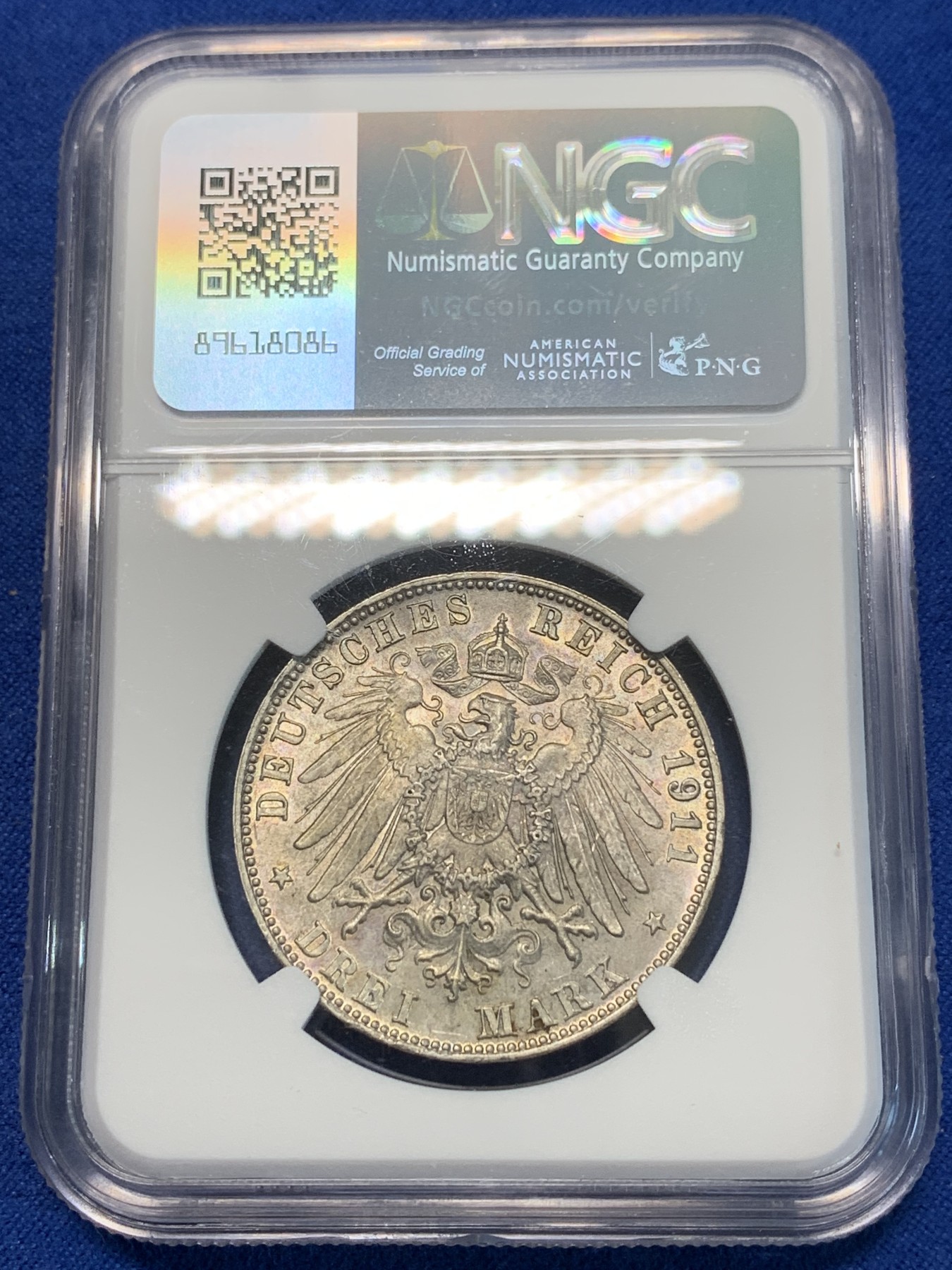 《竞宝斋》第243场-周日，周一 新年开场 (全场包邮) NGC MS63 德国巴伐利亚1911年利奥波德90岁寿辰3马克银币，底光好，好状态，低评了！