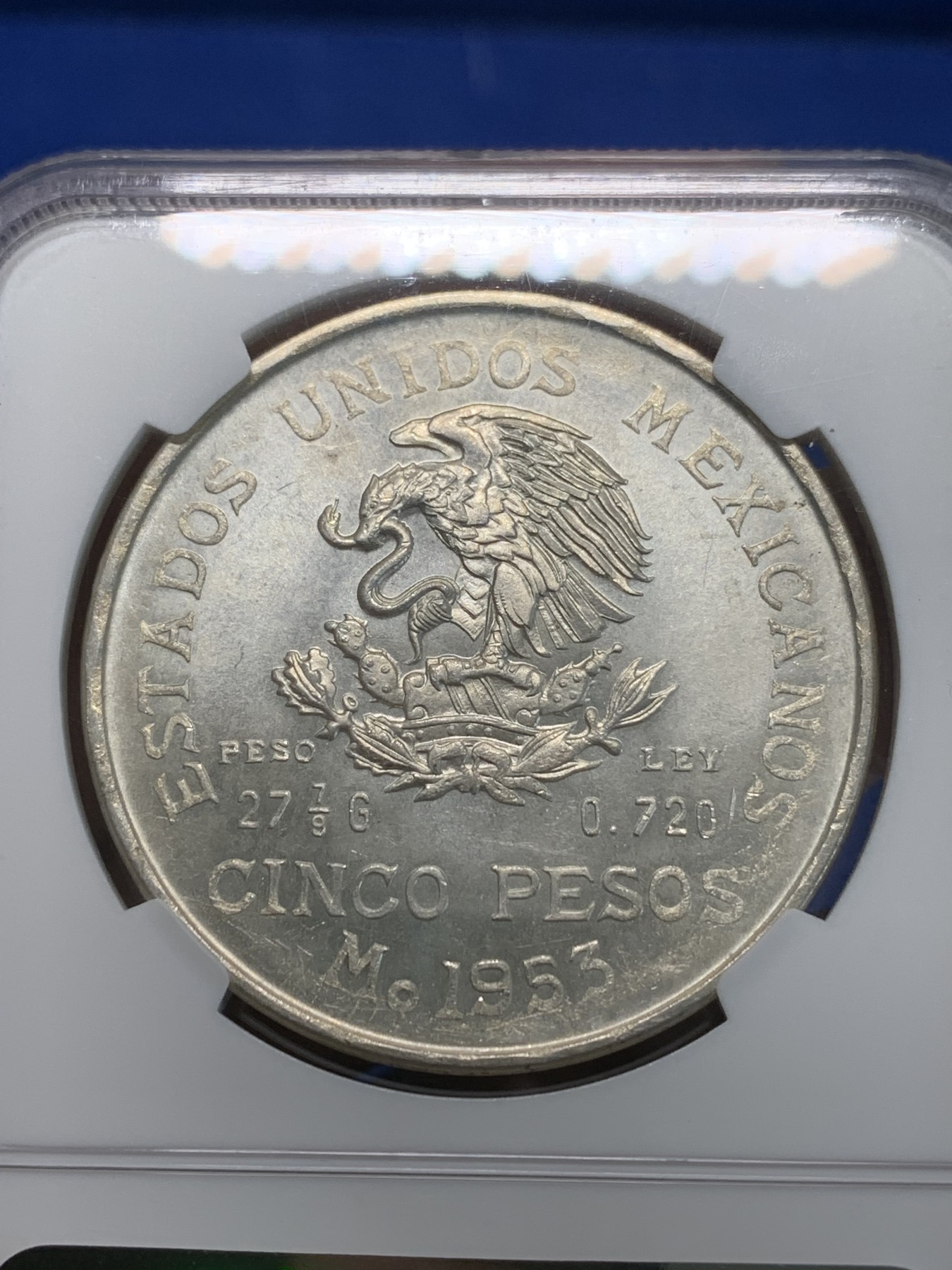 《竞宝斋》第243场-周日，周一 新年开场 (全场包邮) NGC MS64 墨西哥1953年国父伊达尔戈5比索大银 币面银霜，顶级高分品，值得收藏