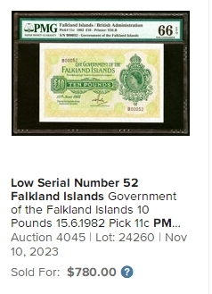 【Blue Auction】✨世界纸币精拍第440期【精】  【亚军分 17号超小号罕见】福克兰 1982年10镑 最高值 女王 PMG66EPQ 