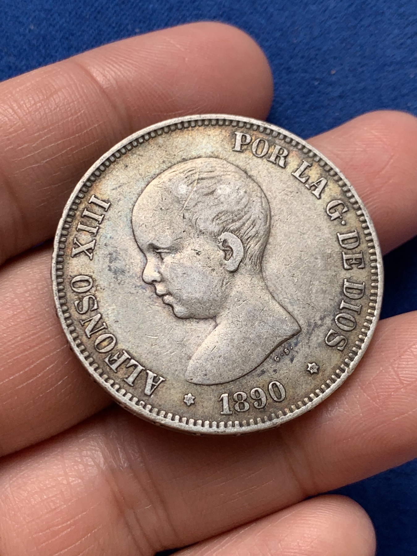 《竞宝斋》第243场-周日，周一 新年开场 (全场包邮) 西班牙1890年光头版阿方索十三世5比塞塔银币