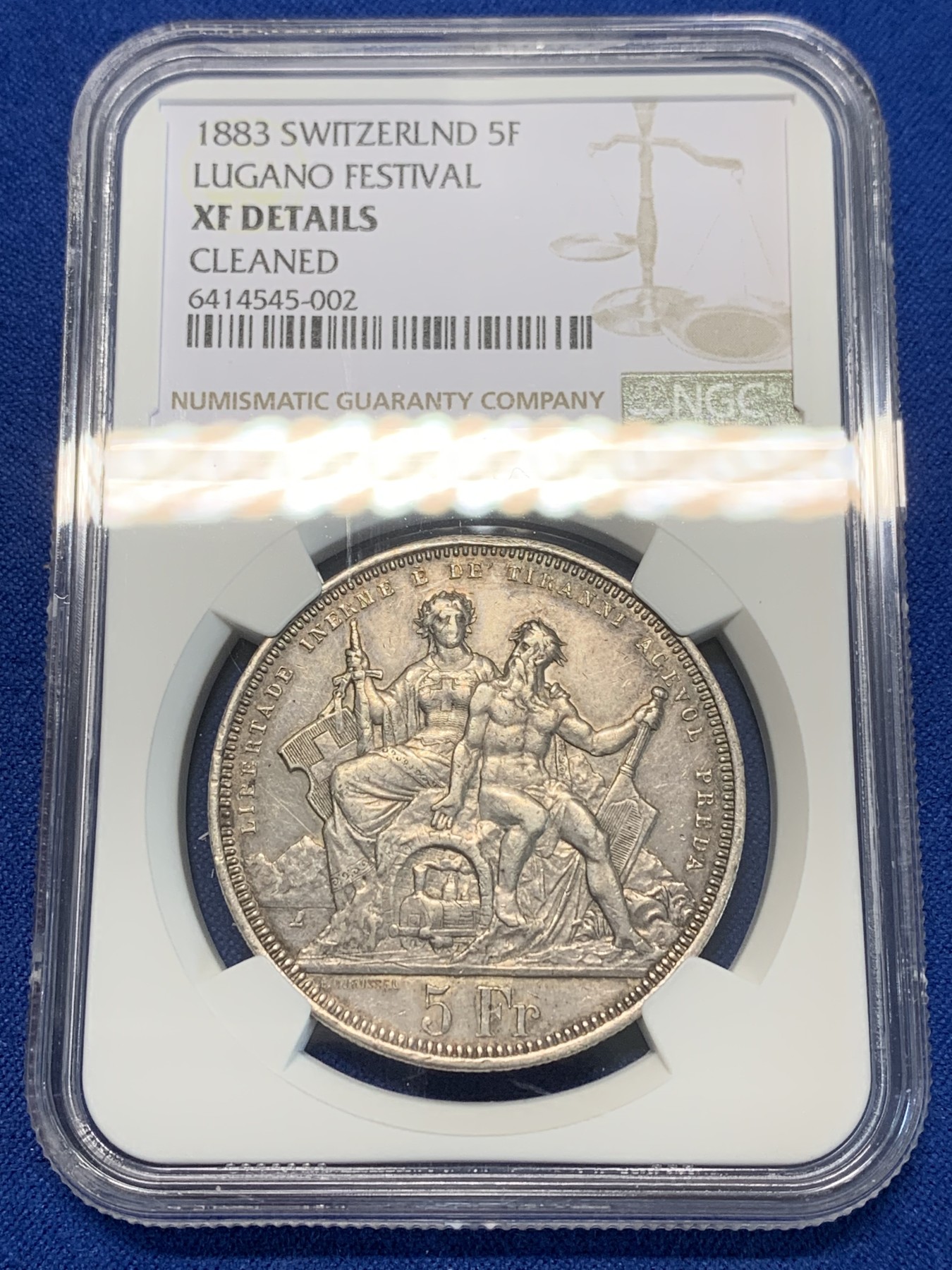 《竞宝斋》第243场-周日，周一 新年开场 (全场包邮) NGC XFD 瑞士1883年卢加诺射击节 狩猎5法郎银币