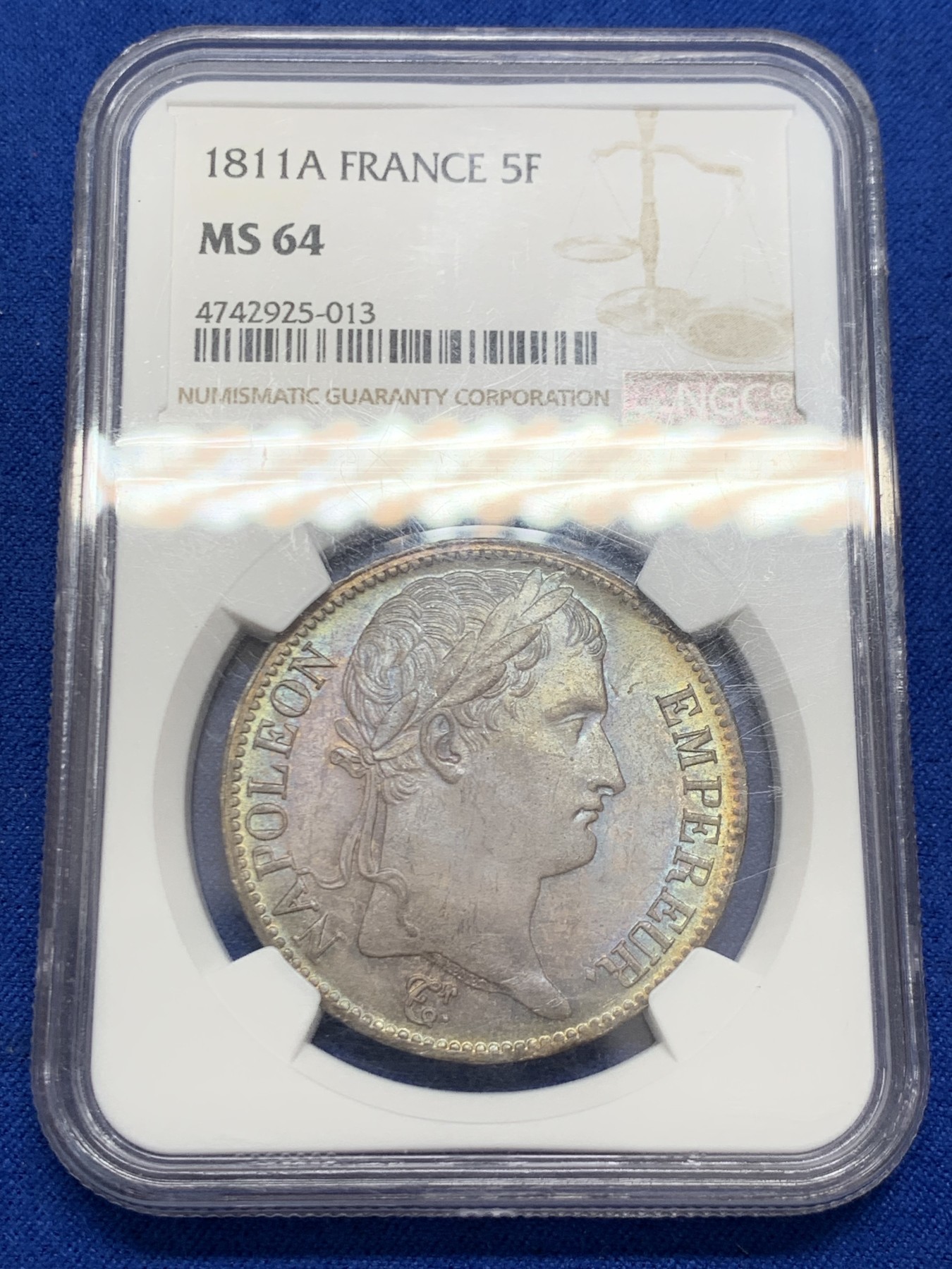 《竞宝斋》第243场-周日，周一 新年开场 (全场包邮) NGC MS64 法国1811年拿破仑一世5法郎银币 双面深彩炫光 全深打 难得状态 一枚在手别无所求