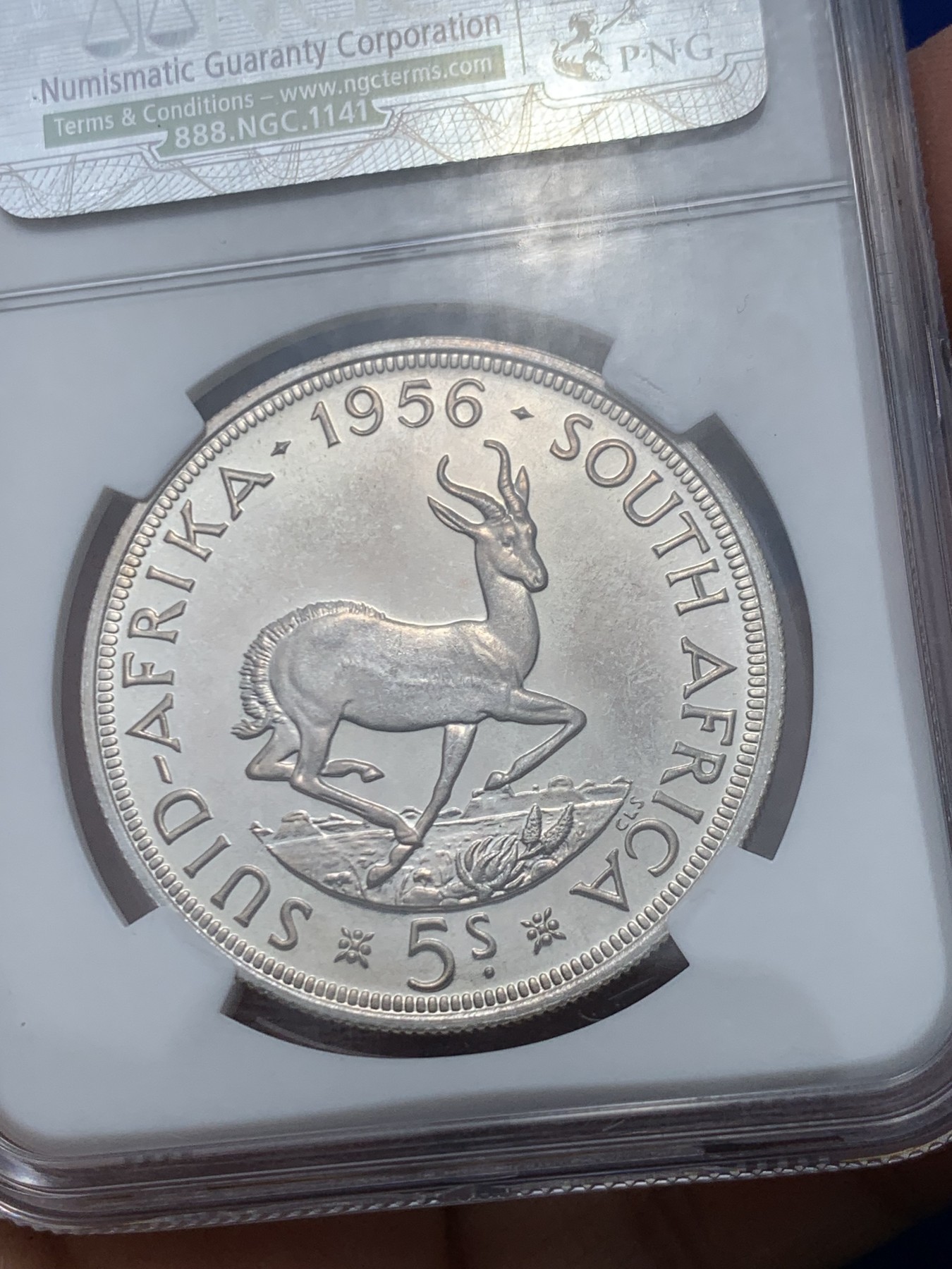 《竞宝斋》第244场-周日，周一 新年开场 (全场包邮) NGC PF66 南非1956年伊丽莎白二世跳羚5先令大银币 少见PF精制币 顶级品相