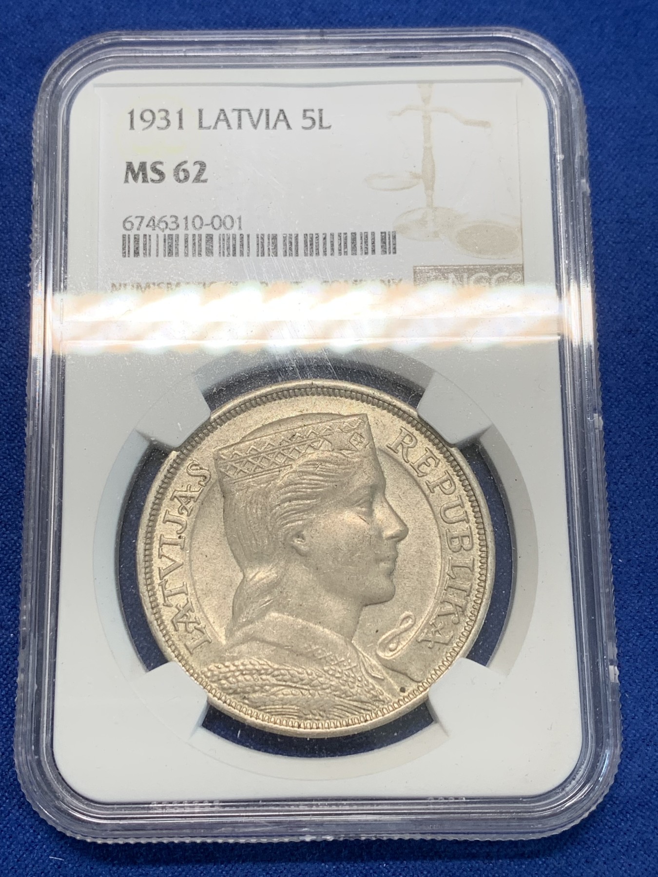 《竞宝斋》第244场-周日，周一 新年开场 (全场包邮) NGC MS62 拉脱维亚 1931年 谷物女神 5拉特大银币