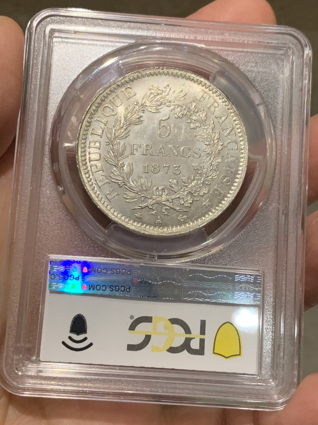 《竞宝斋》第244场-周日，周一 新年开场 (全场包邮) PCGS MS65 法国大力神与女神5法郎银币1873年A厂欧陆灰包浆 65高分状态