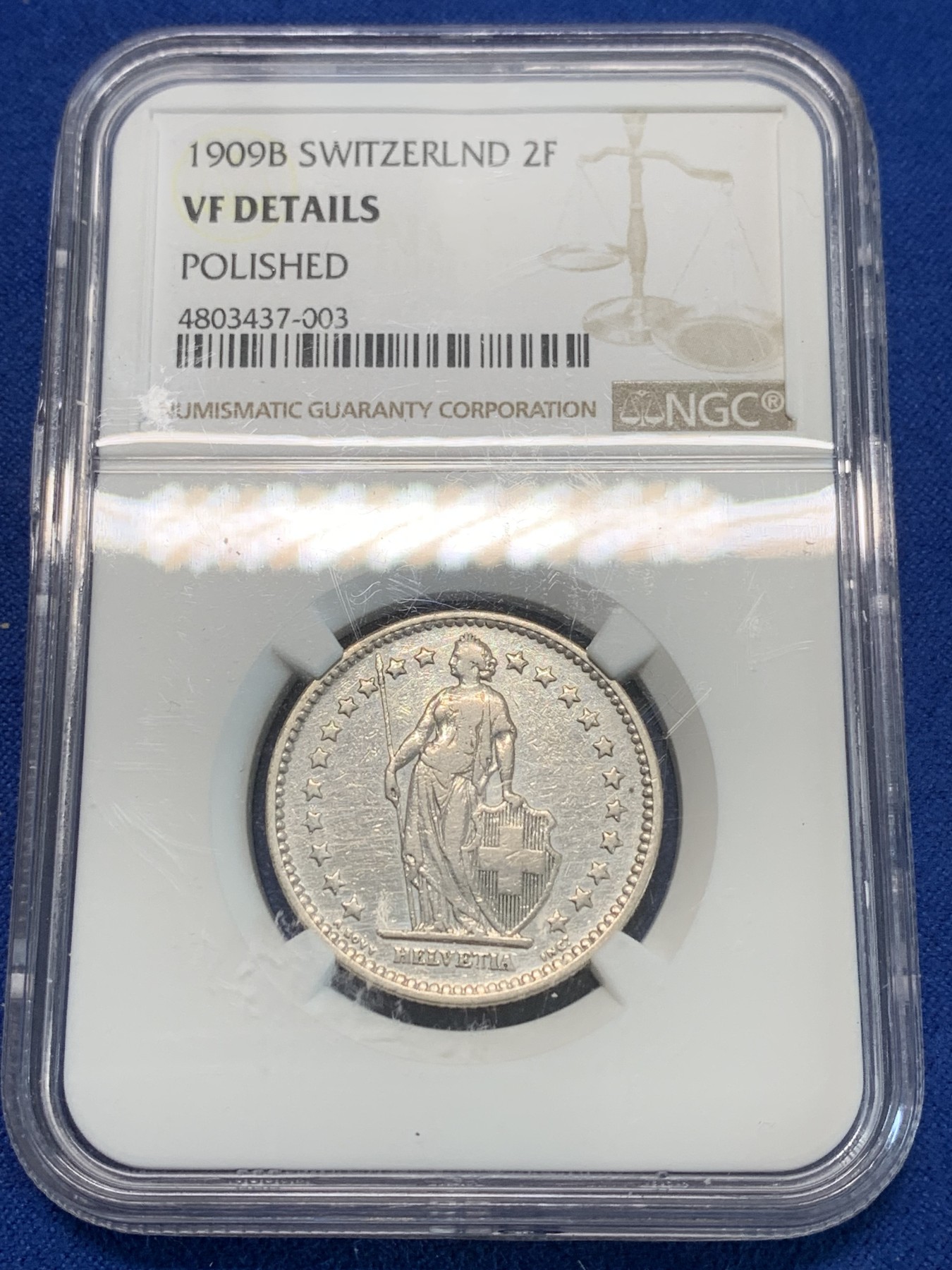 《竞宝斋》第244场-周日，周一 新年开场 (全场包邮) NGC VFD 瑞士 1909年 2法郎 银币 早期品种
