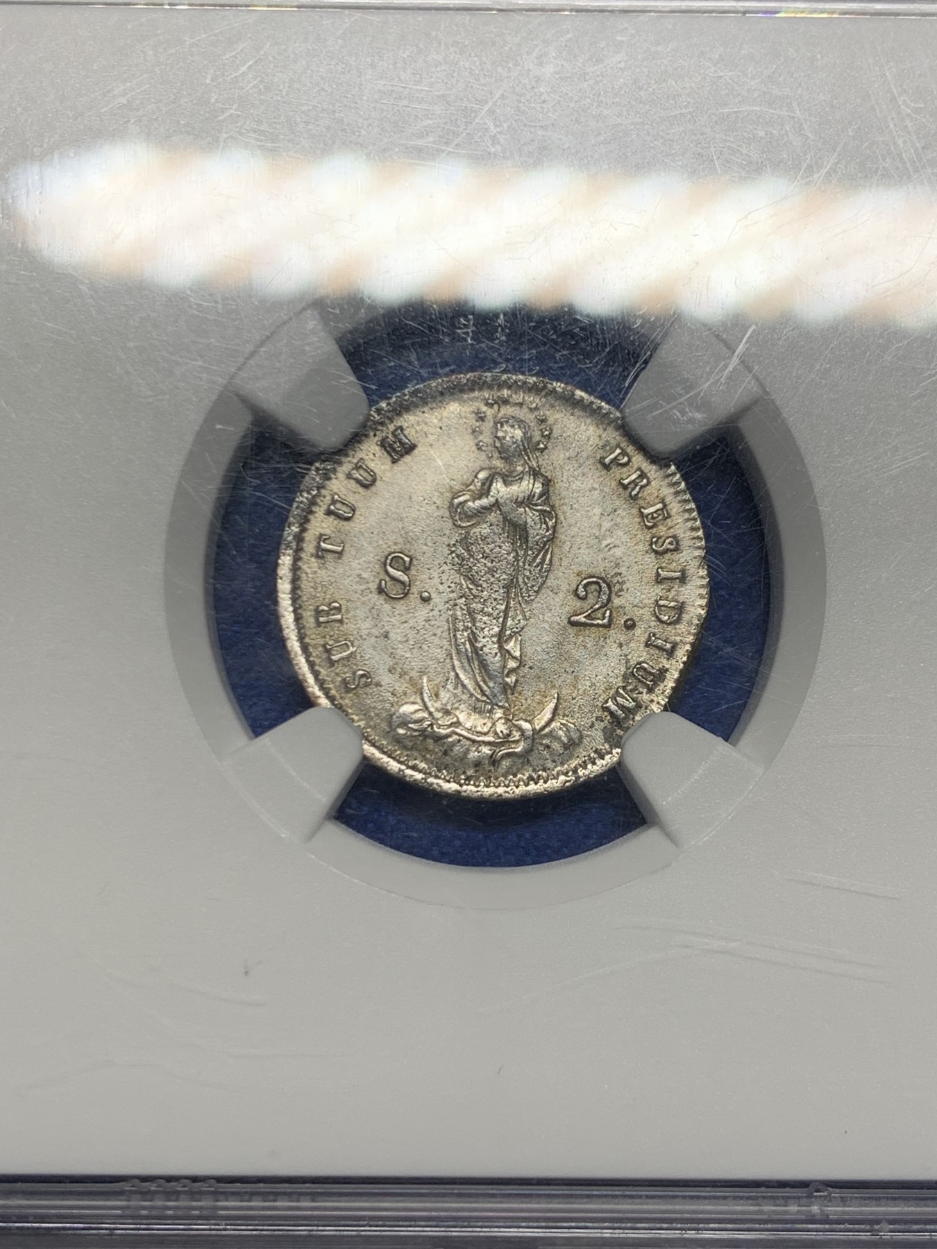 《竞宝斋》第244场-周日，周一 新年开场 (全场包邮) NGC MS62 意大利1814热那亚2索尔迪银币，正面圣母形象设计感极强，极具古典主义美感